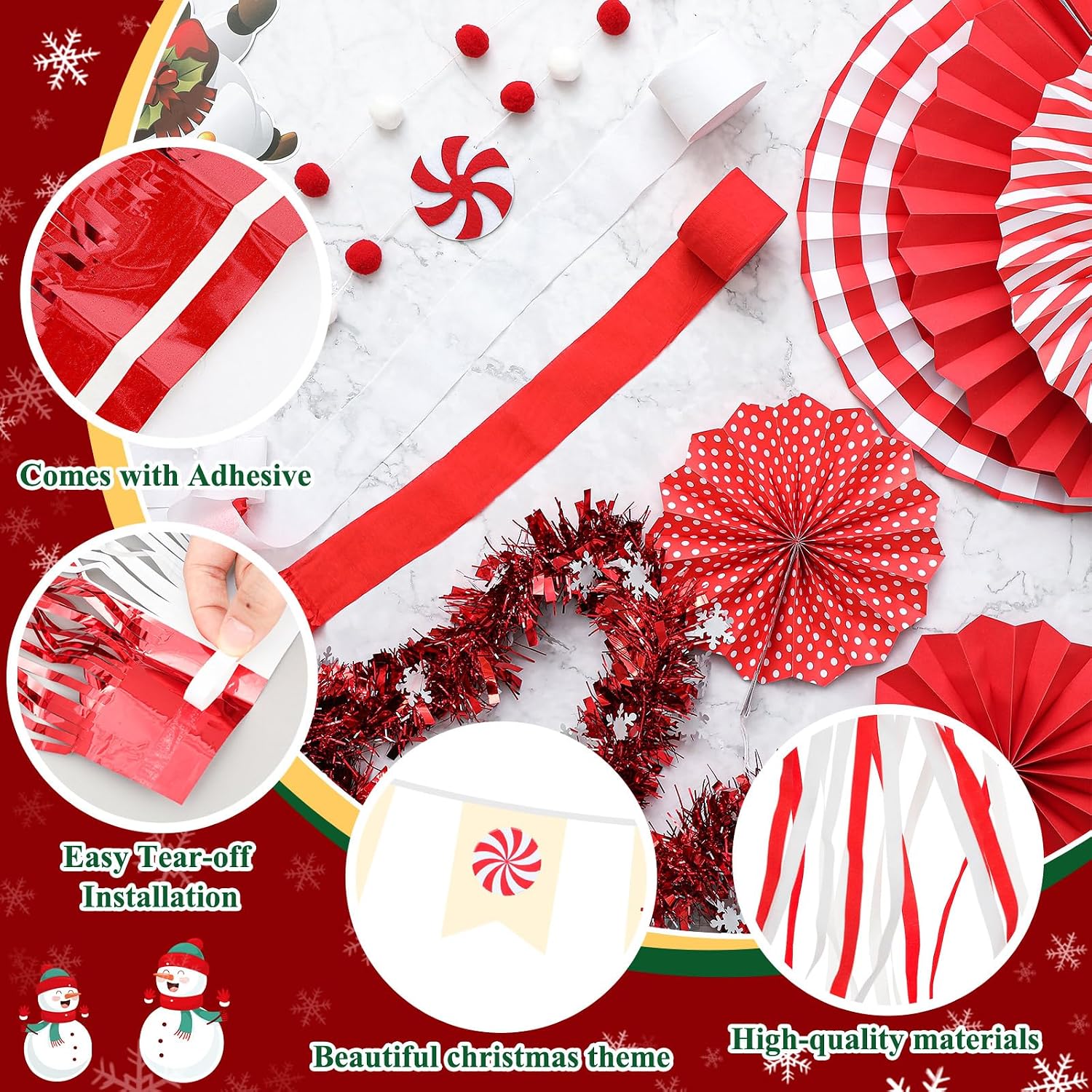 Crowye 122 Pcs Christmas Parade Float Decoration Kit with Metallic Foil Fringe Curtains Tinsel Garland Crepe Paper Streamers Balloons Paper Fan Banner for Trailer Xmas Supply(Red, White)