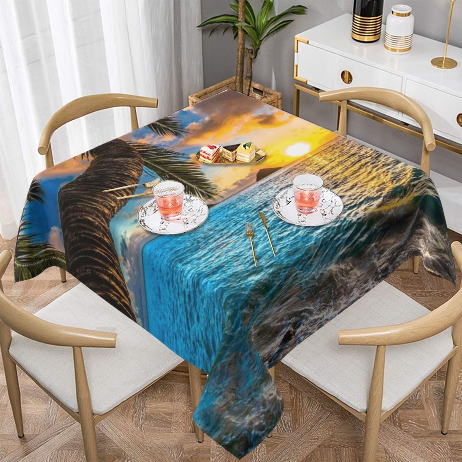 DCEHGEW Sunset Beach Prints Square Tablecloth 152x152 CM, Waterproof Fabric Table Cloth for Dining Table, Farmhouse Table Cover for Kitchen Dining Tabletop Decoration