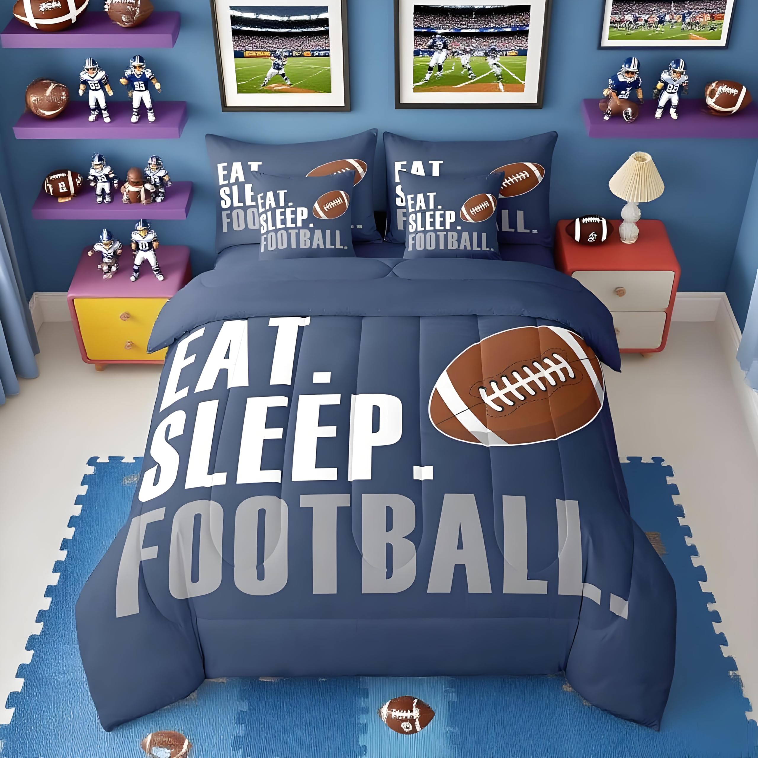 Feelyou Boys Football Comforter Set 7 Pieces Full Size American Sports Bedding Set for Kids Adults Navy Blue Rugby Bed in a Bag Ball Games Room Decor Football Player Gift