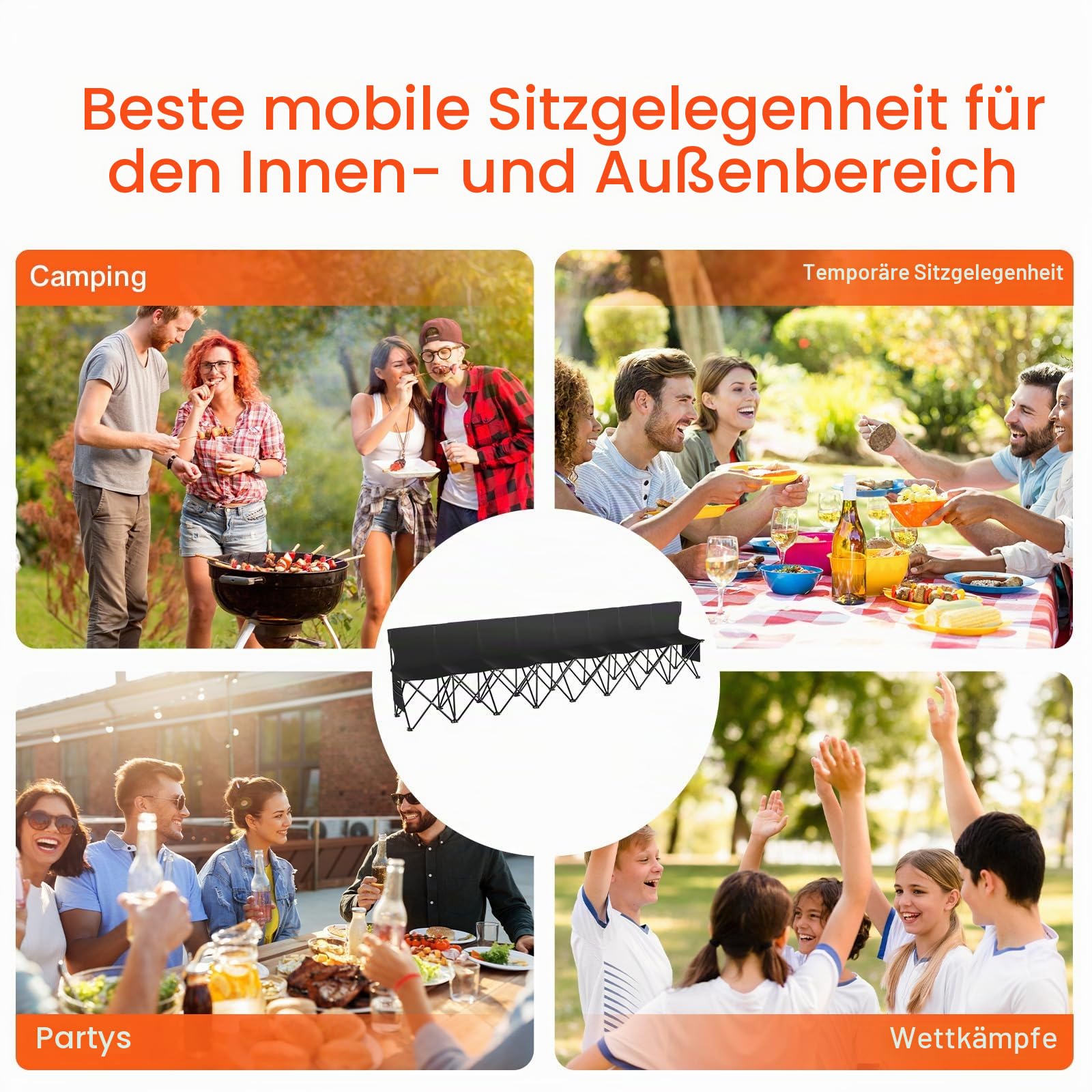VEVOR Tragbare Faltbank 6-Sitzer Campingbank mit Tragetasche und Rückenlehne, Seitenbank für Fußball, Angeln, 6-Sitzer, 8-Sitzer