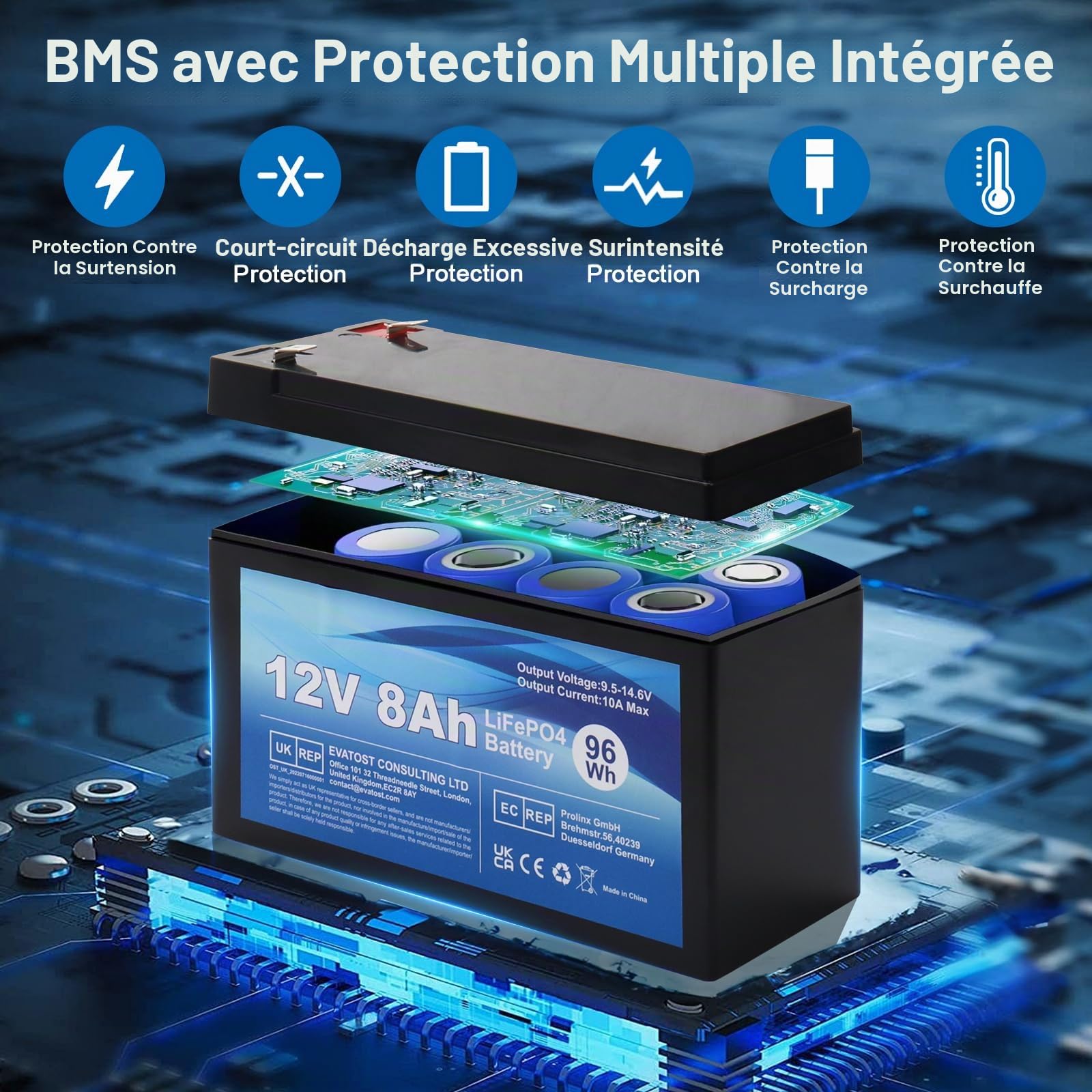Batterie rechargeable LiFePO4 12 V 8 Ah au lithium fer phosphate avec BMS pour voiture d'enfant, cycle profond 4000 pour stock d'énergie solaire, application hors réseau, camping