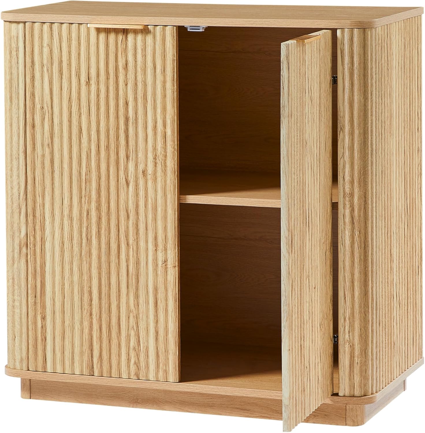 Oak Fluted Sideboard Cabinet with doors open, displaying various items stored on the adjustable shelves, such as bottles, dishes, and small appliances.