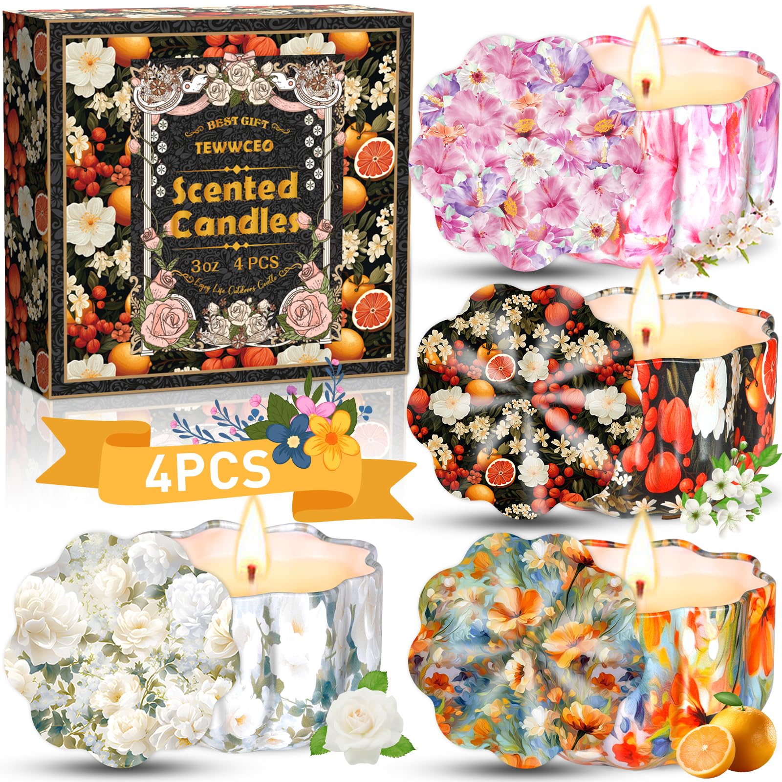 TEWWCEO Velas Perfumadas Juego de 4 piezas,Navidad Velas Aromaticas Regalos,Vela Aromática Regalo de Velas de Aromaterapia Cera de Soja Natural Vela de Viaje Adecuado, Yoga Baño Dormitorio, Navidad