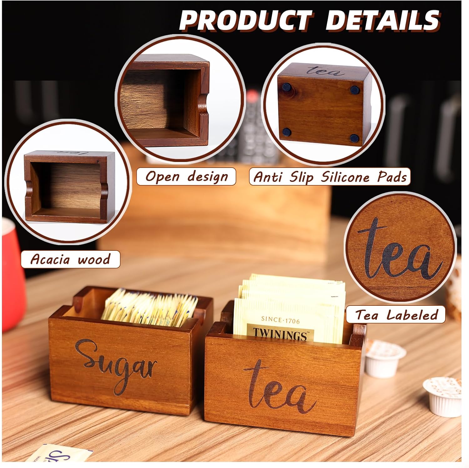Acacia Sugar Packet Caddy for Coffee Bar, Farmhouse Wood Sugar Holder Packets , Sugar Packet Container, Small Tea Bag Organizer for Office Table,Hotel, Restaurant, Brown Labeled "Tea"