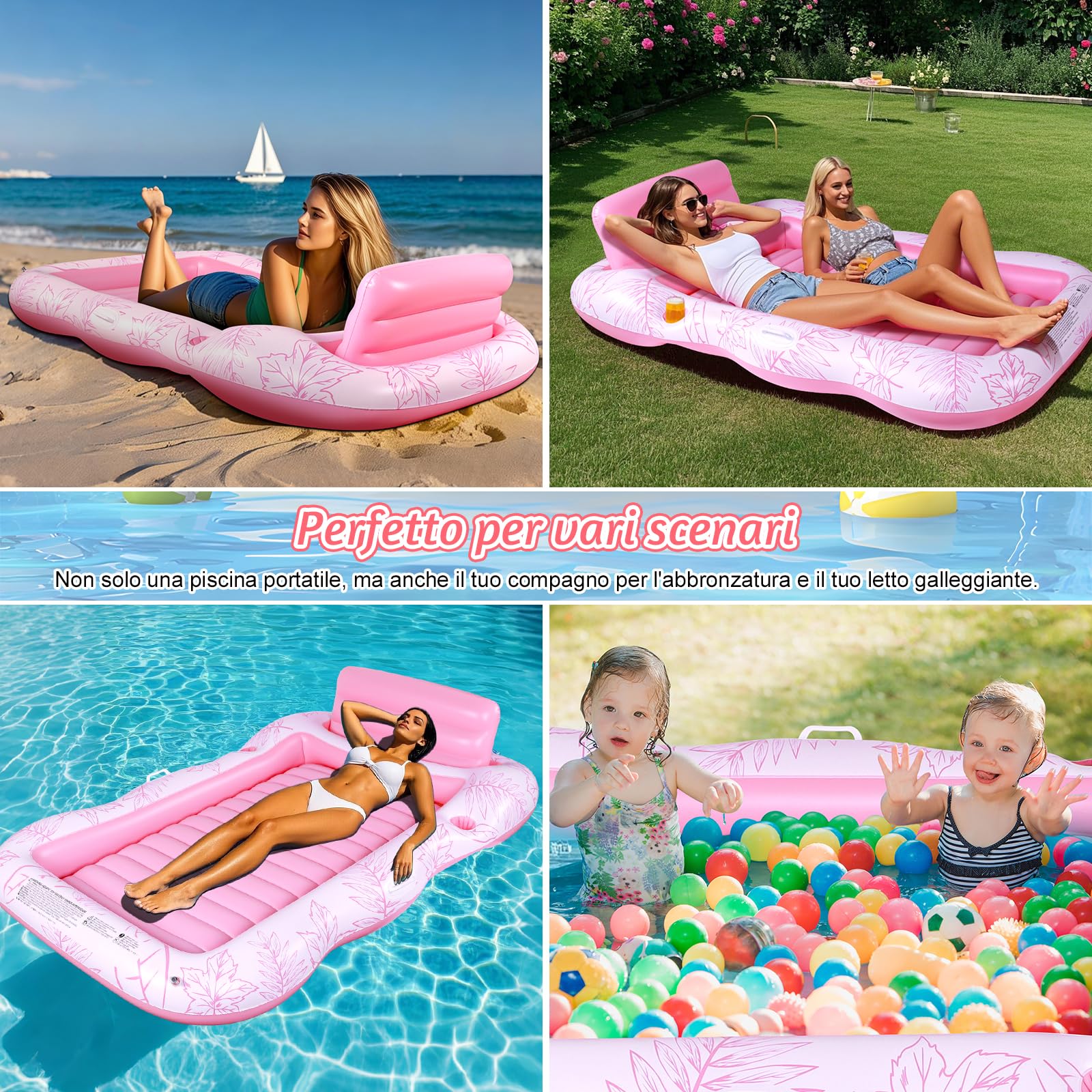 Charmofun Materassino Gonfiabile Abbronzante, Gonfiabile Galleggiante Materasso Piscina, Gonfiabile Tanning Pool, Lettino Gonfiabile Piscina con Portabicchieri e Portabibite per Adulti (Rosa)