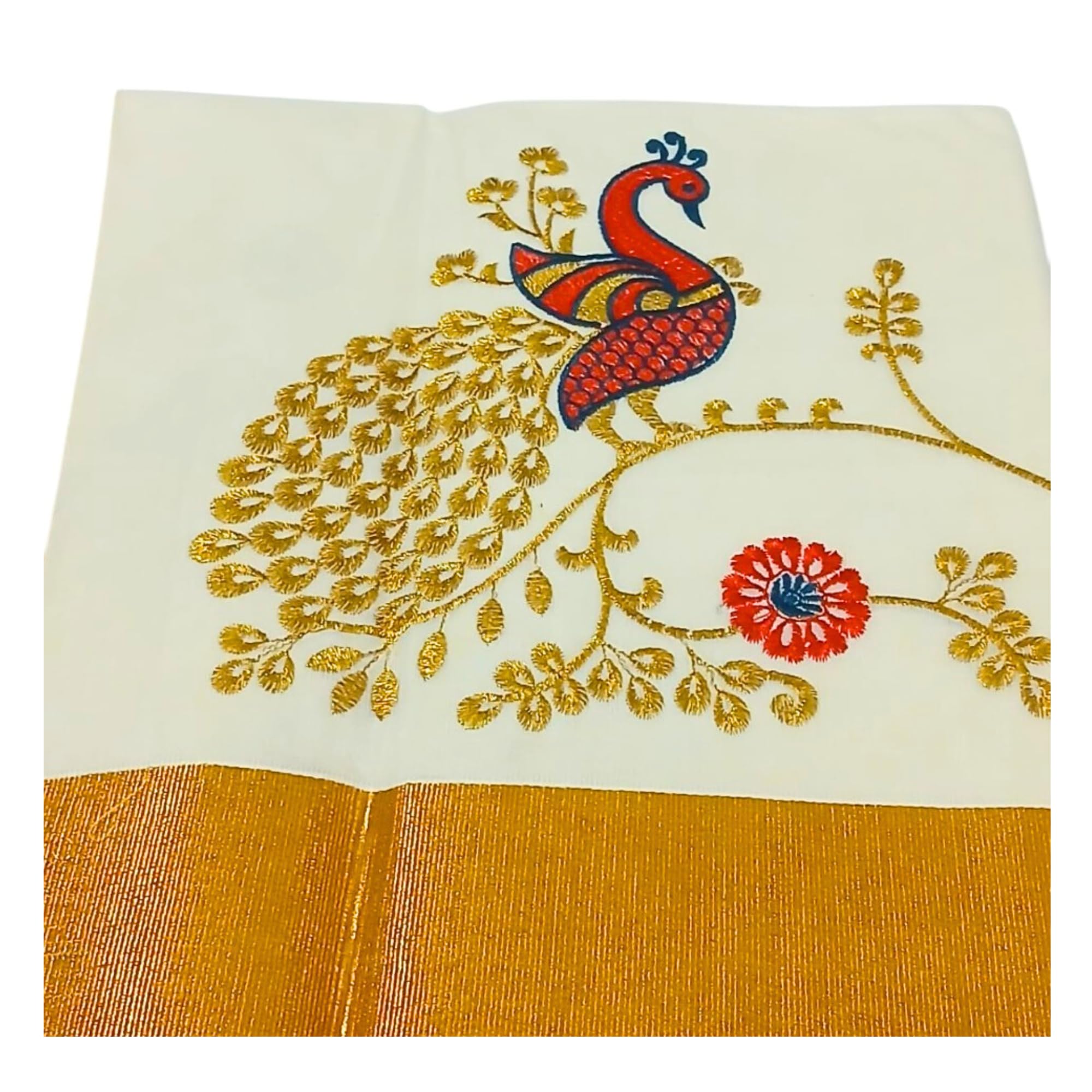 Off-White Cotton Saree with Red-Teal Green Peacock Embroidery All-Over Saree and Zari Border – Elegant Embroidered Kerala Style Saree with Attached Blouse Piece| Onam Kasavu Saree-image-10