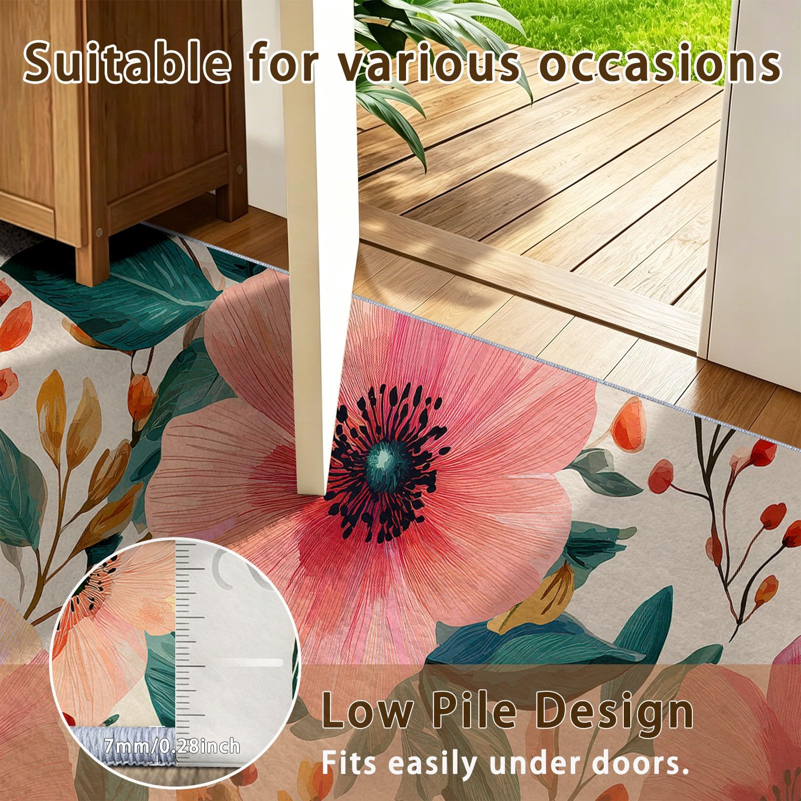 Aquarelle Botanique Interieur Tapis 140 x 200 cm Rose Poil Ras, AntidéRapant Tapis | Tapis Salon, Chambre Adulte Tapis,Descente de Lit, Salle a Manger, Bureau | Fleurs Feuilles Vertes Vignes