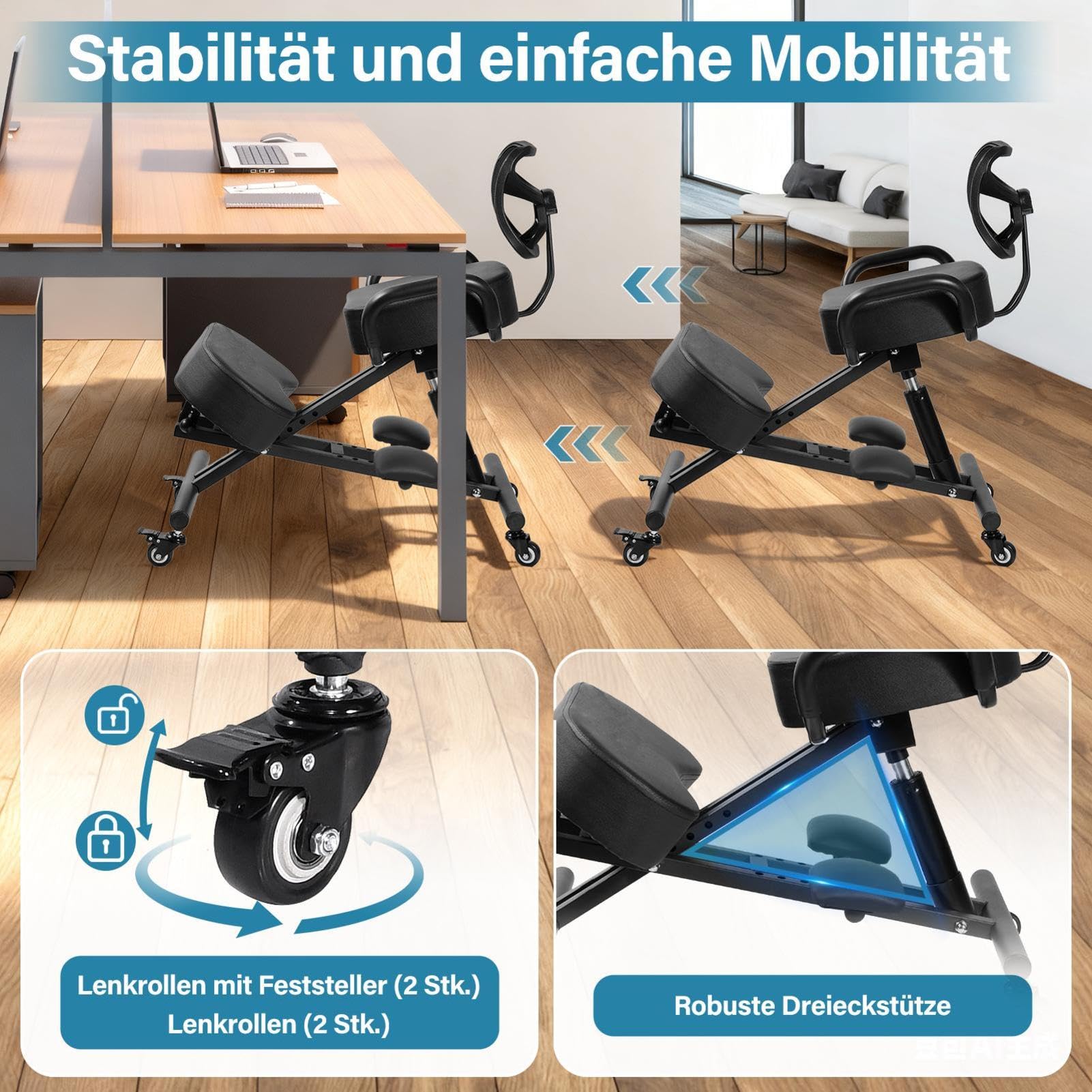 Generisch Kniestuhl, Ergonomischer Kniestuhl mit Rückenlehne und Fußstütze | Höhenverstellbarer Haltungsstuhl mit Feststellrä-dern für das Homeoffice, Haltungskorrekturhocker