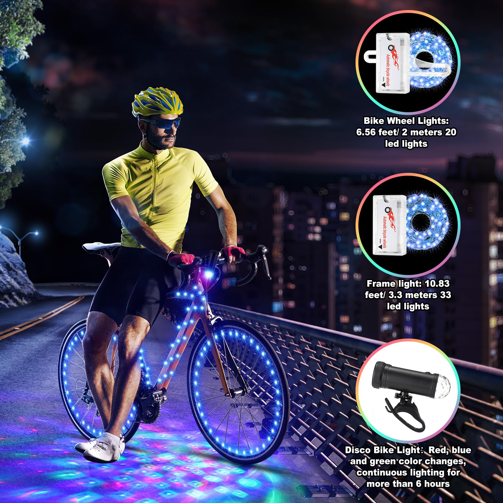 VIHOSE Lot de 4 lumières LED pour vélo disco avec 2 roues de vélo, 1 cadre lumineux à DEL et 1 phare avec piles pour vélo, discothèque, cadeaux de fête, équitation de nuit, étanche (bleu)