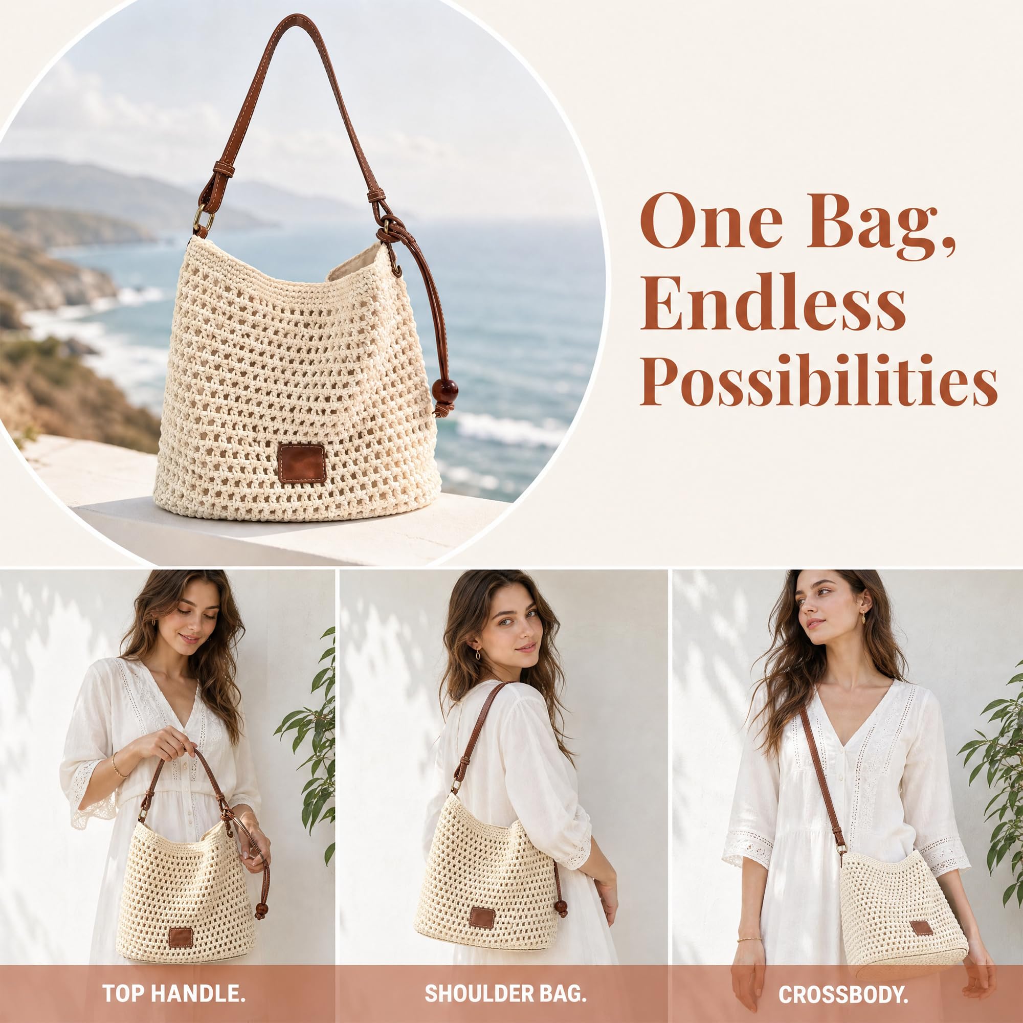 Sac fourre-tout en coton tissé main, Sac à bandoulière crochet été femme, Sac de plage bohème léger pour vacances, voyages, shopping et quotidien