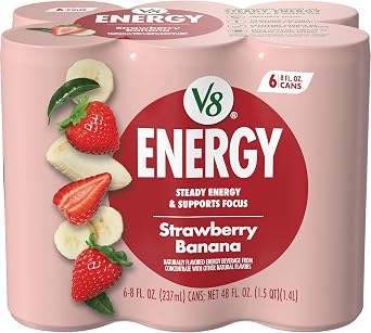 V8 + Energy, Healthy Energy Drink, Natural Energy from Tea, Strawberry Banana, 237 ml Can , 6 Count