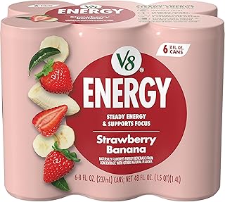 V8 +ENERGY Strawberry Banana Energy Drink, Made with Real Vegetable and Fruit Juices, 8 FL OZ Can (Pack of 6)