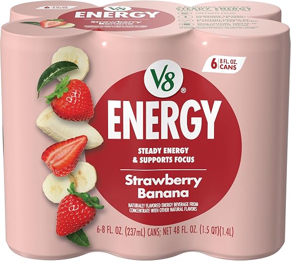V8 ENERGY Strawberry Banana Energy Drink, Made with Real Vegetable and Fruit Juices, 8 FL OZ Can (Pack of 6)