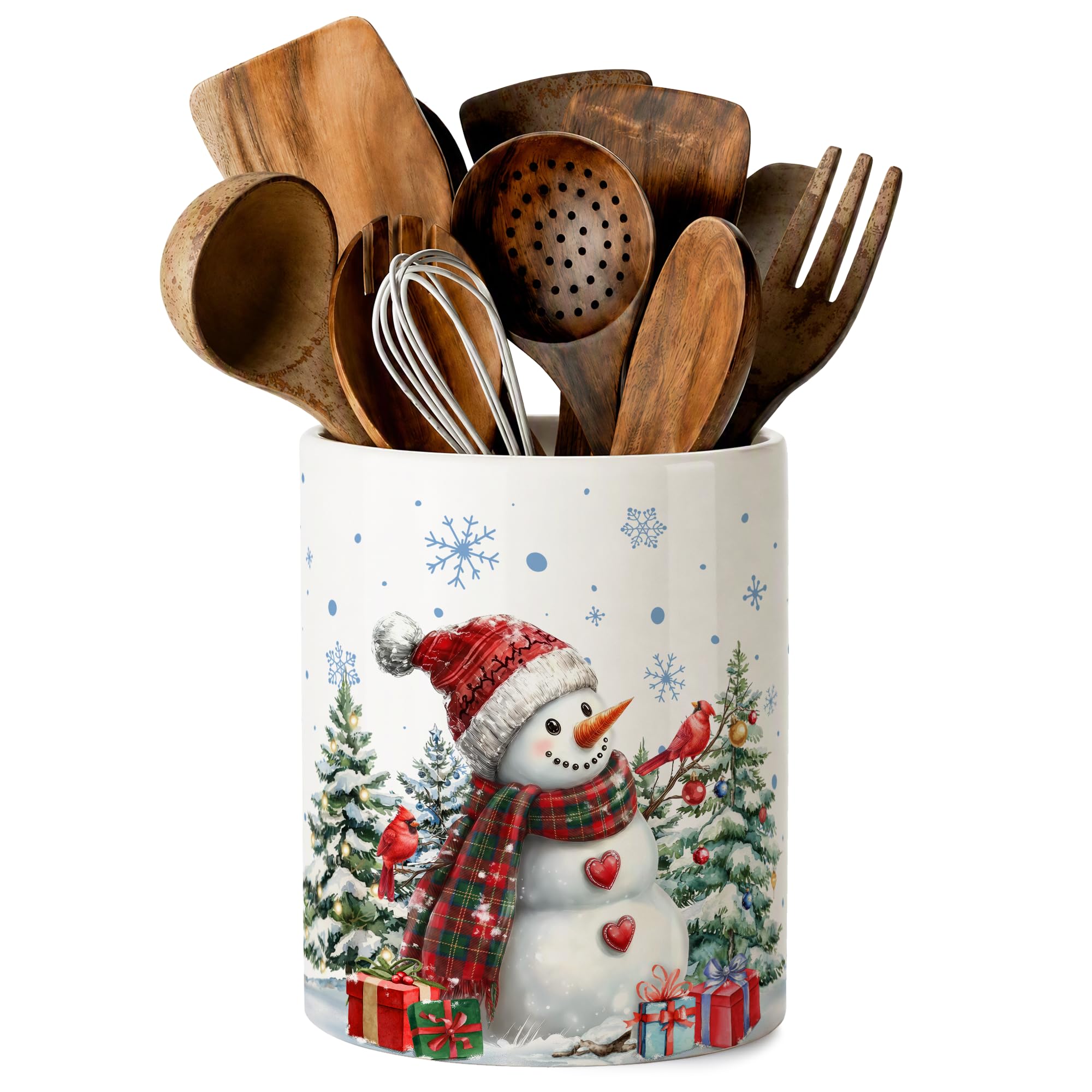 HGIK Christmas Snowman Ceramic Utensil Crock, Farmhouse Xmas Kitchen Utensil Holder, Christmas Decor Caddy for Spatulas & Baking Gadgets Storage Organizer, Winter Snowman with Cardinal Birds
