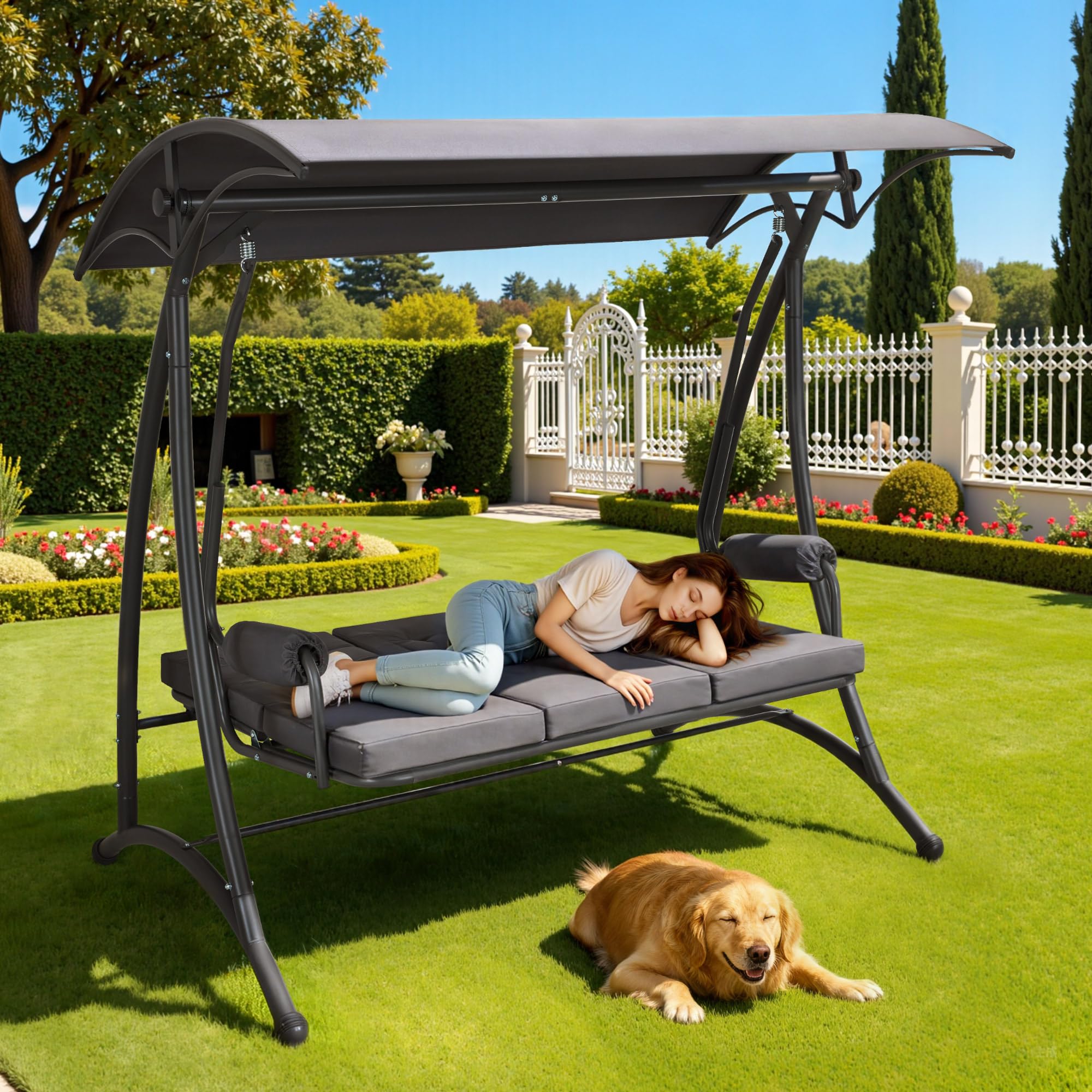 M MCombo 3-Sitzer Hollywoodschaukel mit Liegefunktion, Schaukelbank Outdoor Wetterfest, 3 Extradickem Sitzkissen & Silent-Haken, Gartenschaukel bis 300kg Belastbar, 4025 (grau)