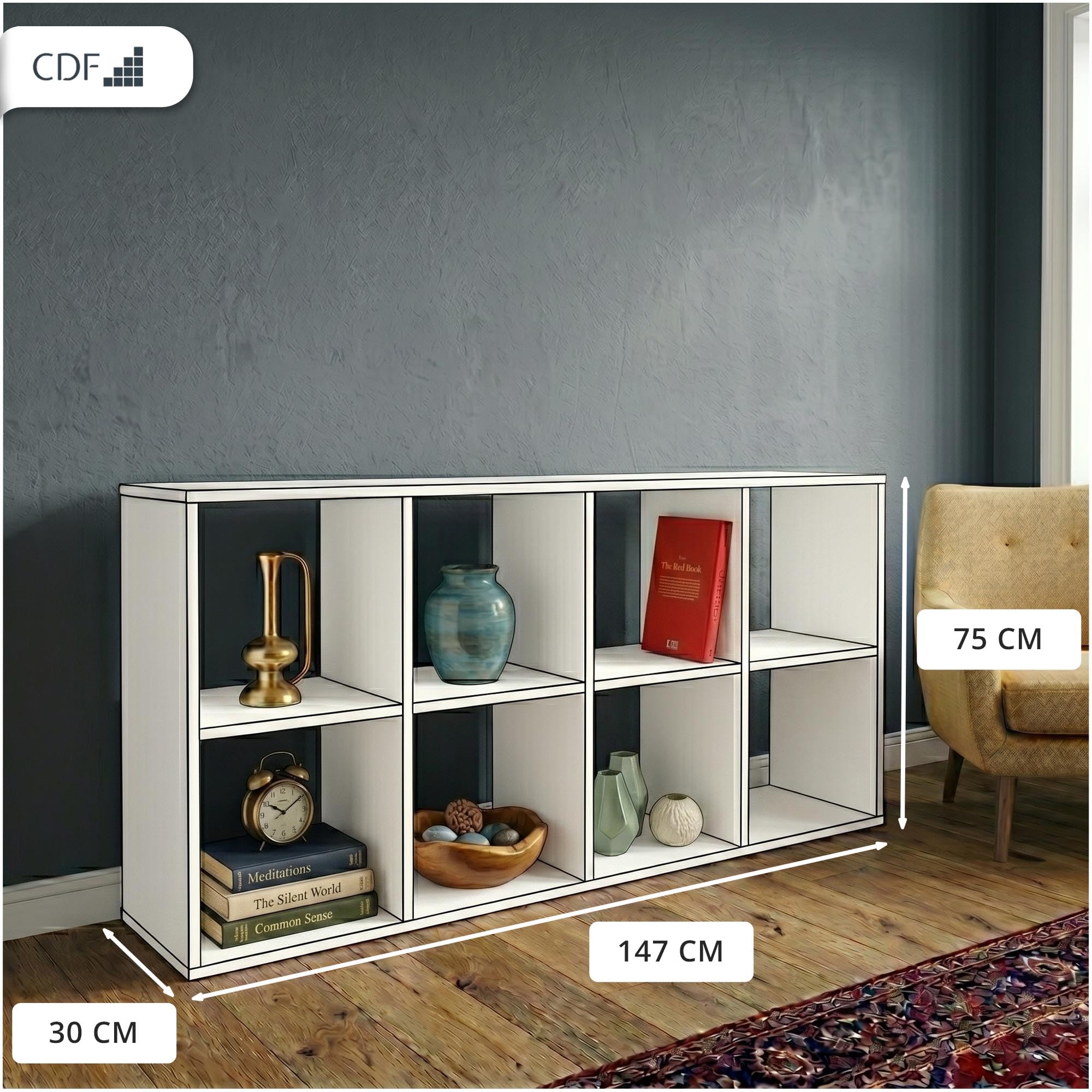 CDF Bücherregal mit 8 Fächern Würfelregal offenen Würfeln für Wohnzimmer Studio 2x4 Regal Stufenregal Ordnungssystem für Bücher Deko Fotos Arbeitszimmer Flur Eiche Sonoma 30x147x75 cm