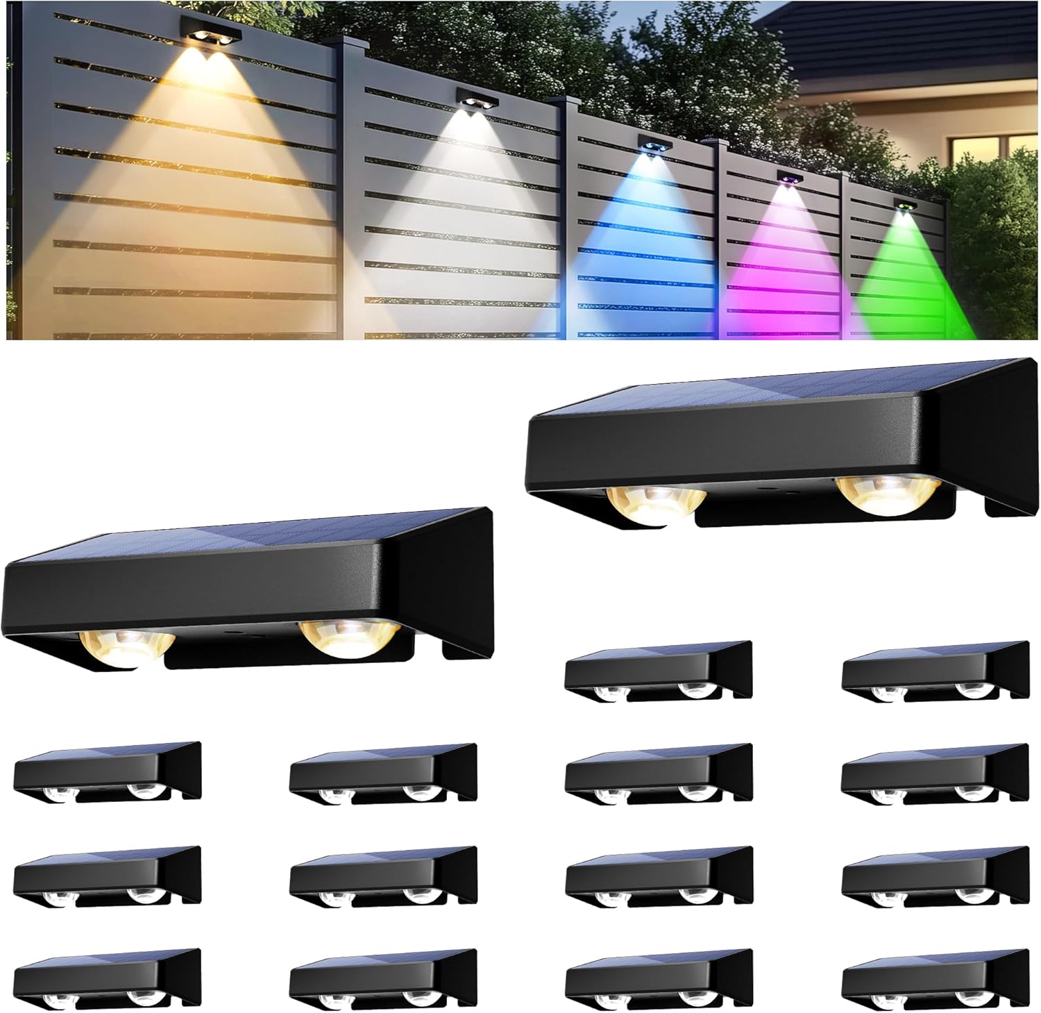 Solar Fence Lights Outdoor, Solar Wall Lights 9 Fixed Colors & Color Changing Modern Solar Powered Deck Light for Halloween Step Stair Patio Backyard Porch Railing decor, IP65 Waterproof (16 Pack)