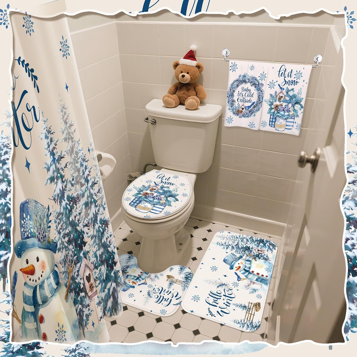 Tranqun 8 Pcs Hello Winter Shower Curtain Set Bathroom Decor Snowman Waterproof Shower Curtain Towels Snowflake Cedar Non Slip Rug Toilet Lid Cover Bath Mat with 12 Hooks for Home Decor