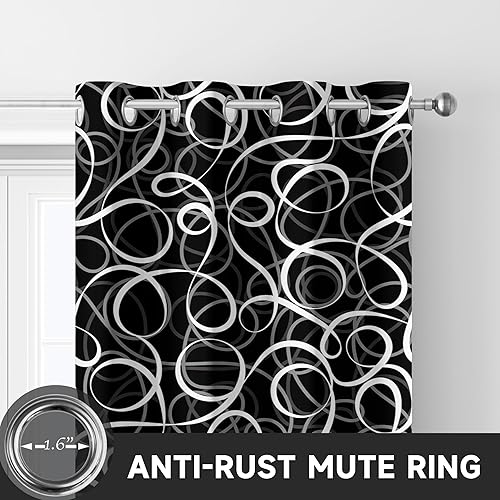 Miniatura 5 de Cortinas geométricas negras y blancas, 2 paneles, cortinas opacas con líneas abstractas grises, patrón moderno, tratamiento de ventana, bloqueo de