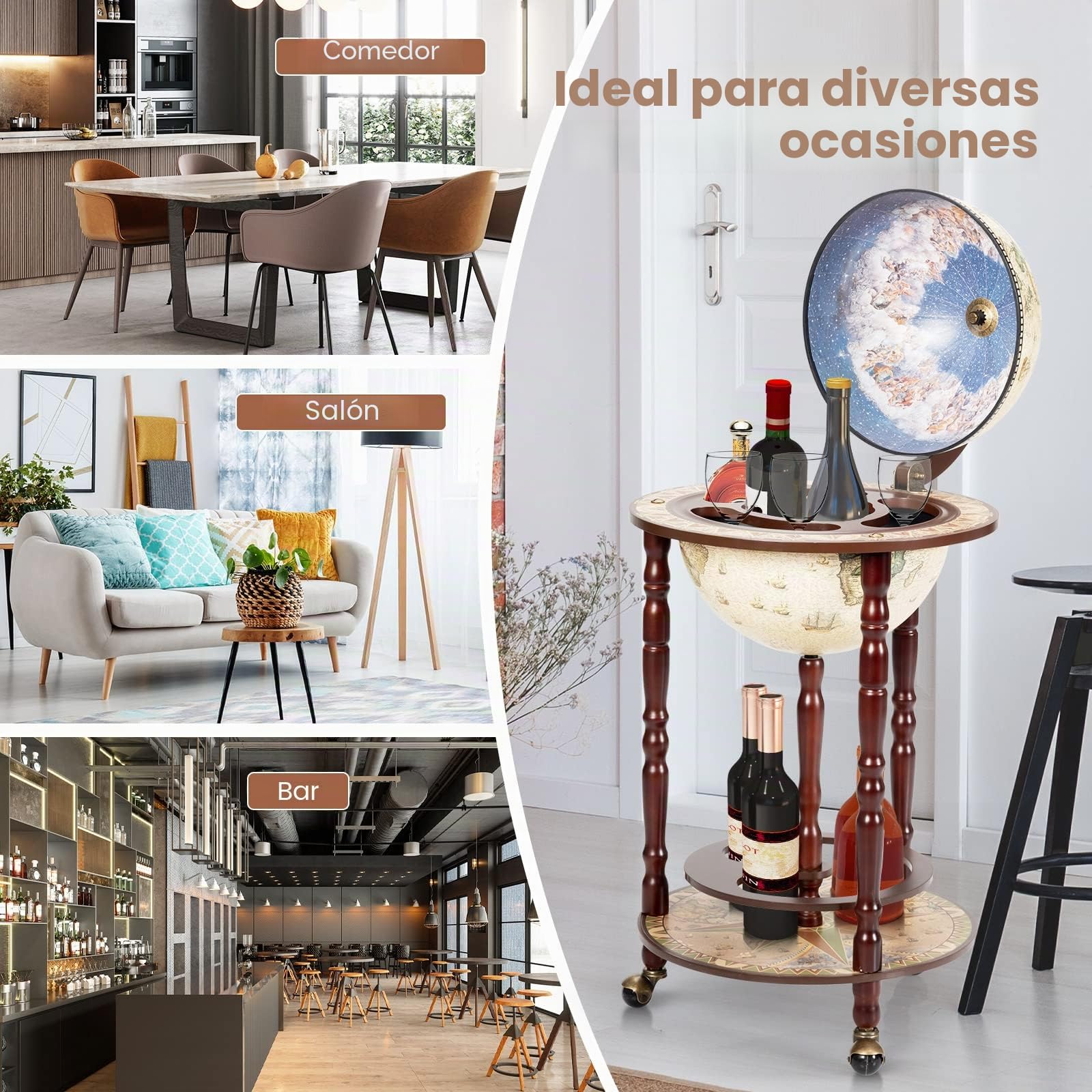 KOMFOTTEU Botellero Bar Globo Terráqueo con Ruedas, Soporte para Botellas de 2 Niveles, Carrito de Bar de Madera, Mueble Minibar para Bebidas, para Restaurante, Fiesta (Beige, 45 x 45 x 88 cm)