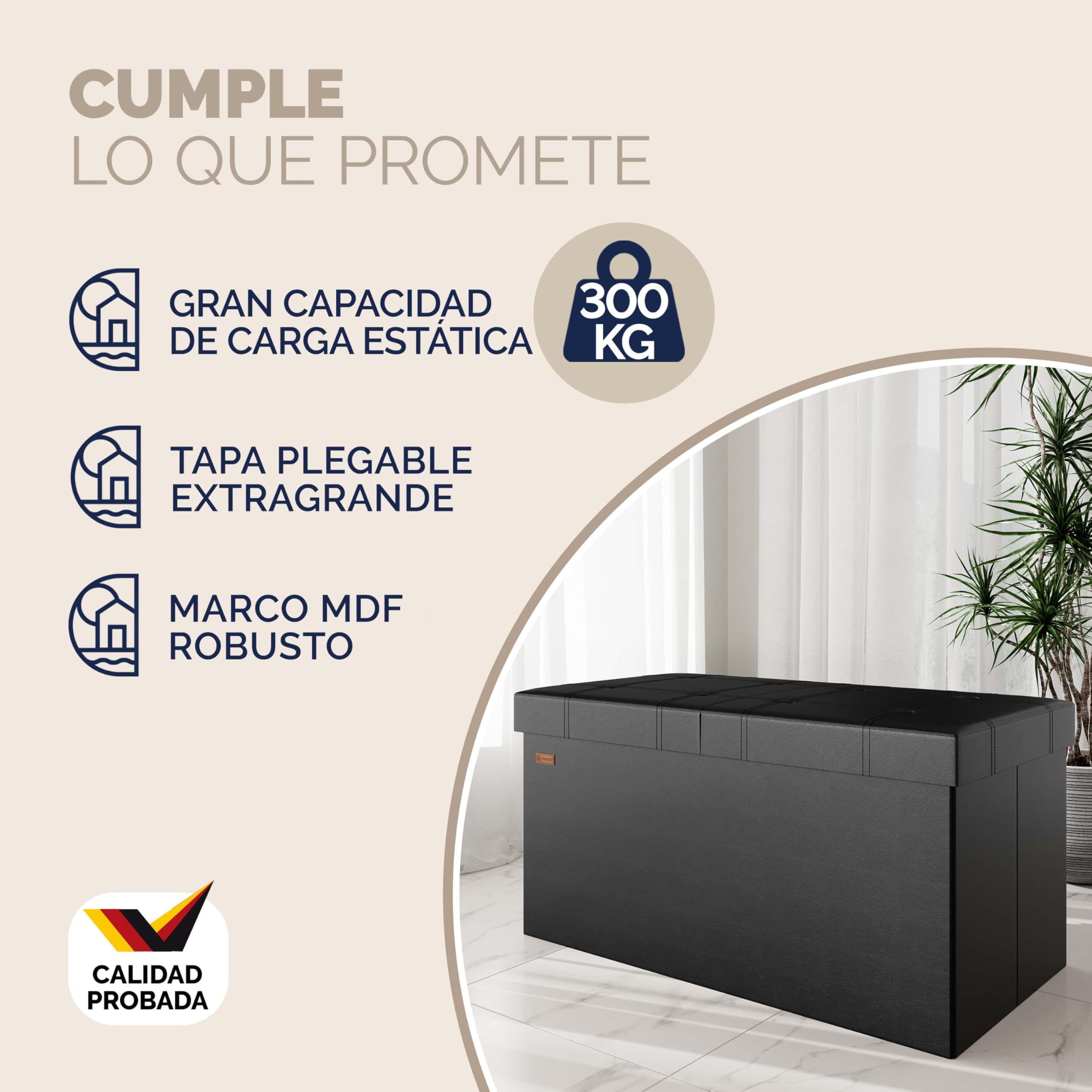 CASARIA® Banco Almacenaje Baúl Capacidad 100L Carga hasta 300kg Resistente 80x40x40cm Puff Otomana Plegable Tapizado Acolchado Salón Dormitorio Entrada Negro