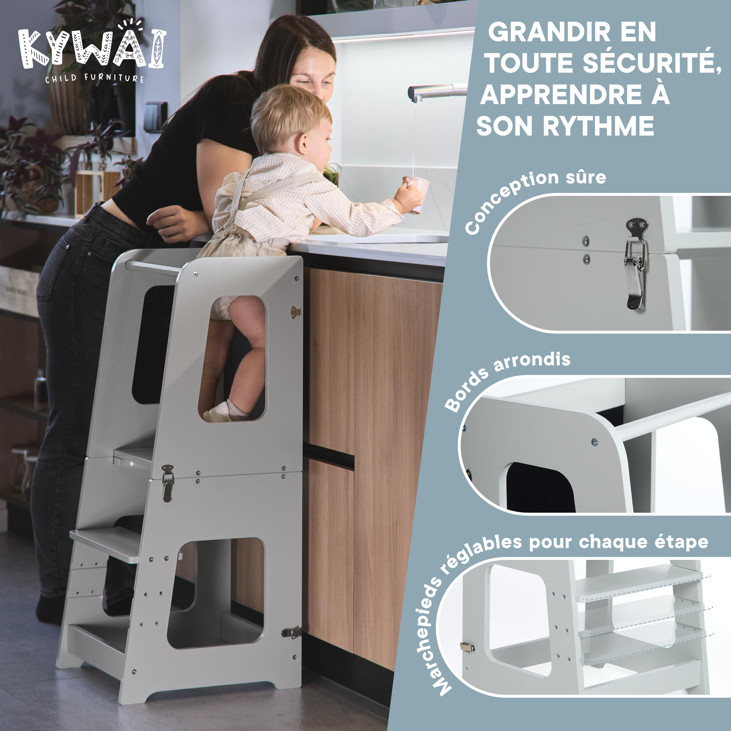Tour d Observation Enfant en Bois Convertible en Bureau et Tabouret - Tour d'Observation Montessori avec Design Breveté, Fermetures de Sécurité, Finitions Haut de Gamme, Fonction 2-en-1 (Gris)