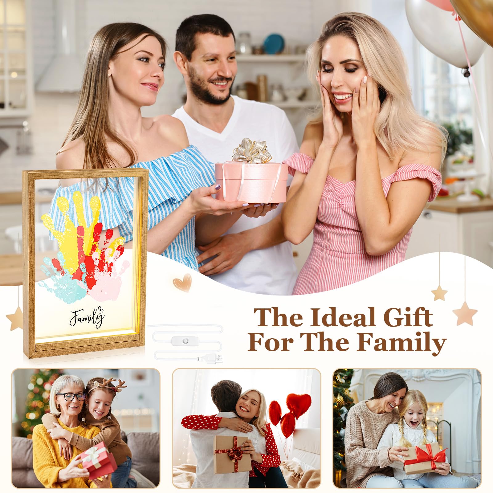 Cadre LED en Bois Kit Empreinte Famille Bébé Souvenir Personnalisé Décoration Murale Cadeau Naissance