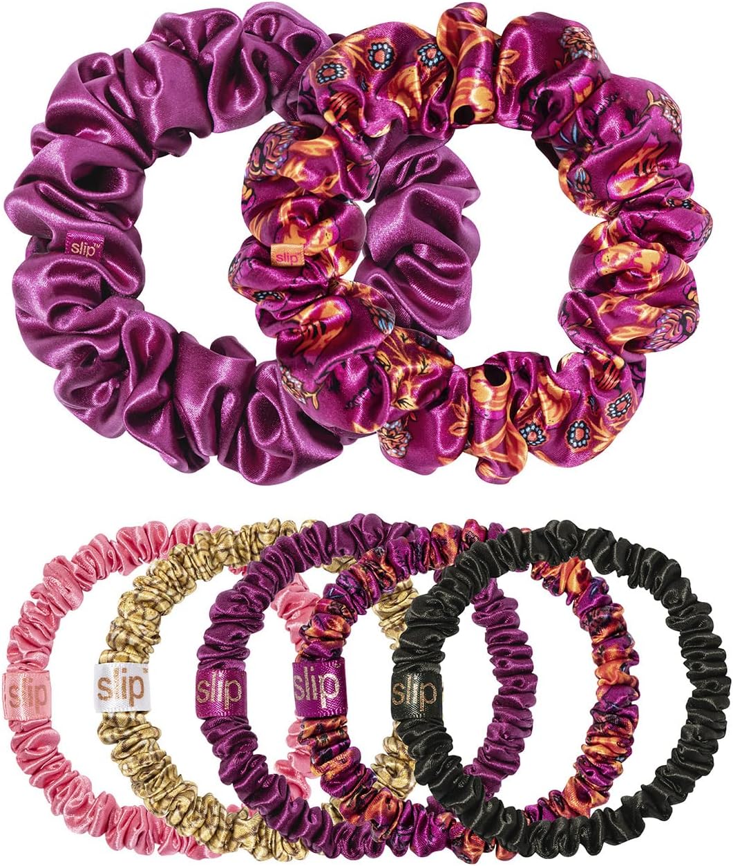 Slip Silk Pure Silk Mega Scrunchies - Super Bloom - Slipsilk Pure Mulberry 22 Momme Silk Hair Ties, Designed to be Gentle & Avoid Hair Crease (7 Scrunchies)