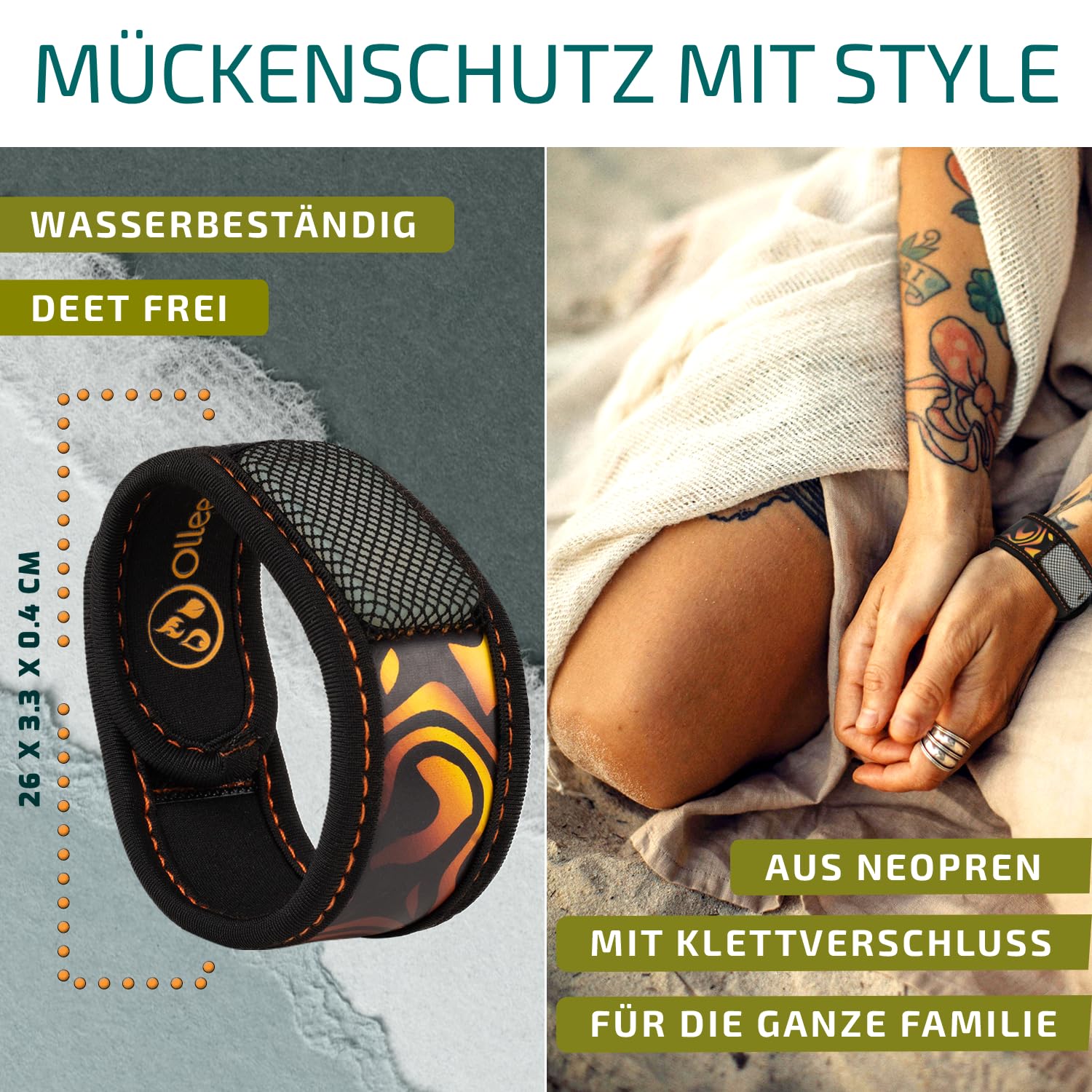 Olleeno® Mückenschutz Armband Moskito Insektenschutz Armbänder für Outdoor Camping Wandern Sport Anti Mückenarmband Neopren mit verstellbarem Klettverschluß (3 Stück + 6 Nachfüll-Pellets)