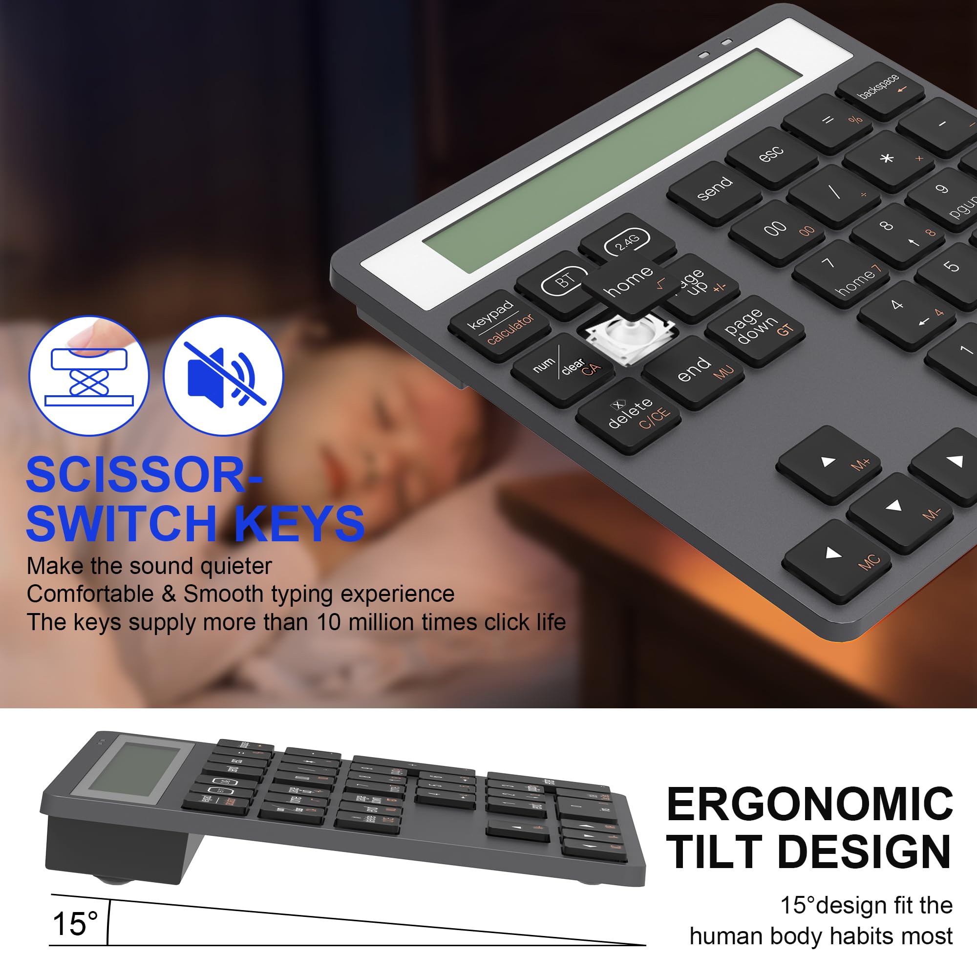 2 in 1 Tastierino Numerico Bluetooth e 2.4G, 34 Tasti Tastierino Numerico con Calcolatrice per PC/laptop/iPhone/iPad, Tastierino Numerico per Windows/Mac/iOS/Android