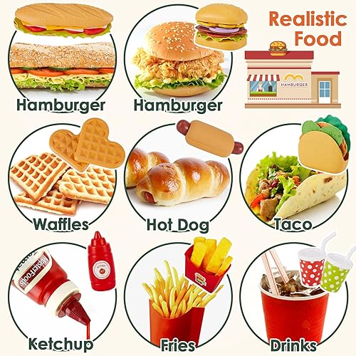 Miniatura 3 de BUYGER Hamburguesa de juguete de comida para niños, juego de comida de simulación con bandeja, hamburguesa de comida rápida extraíble, papas fritas,