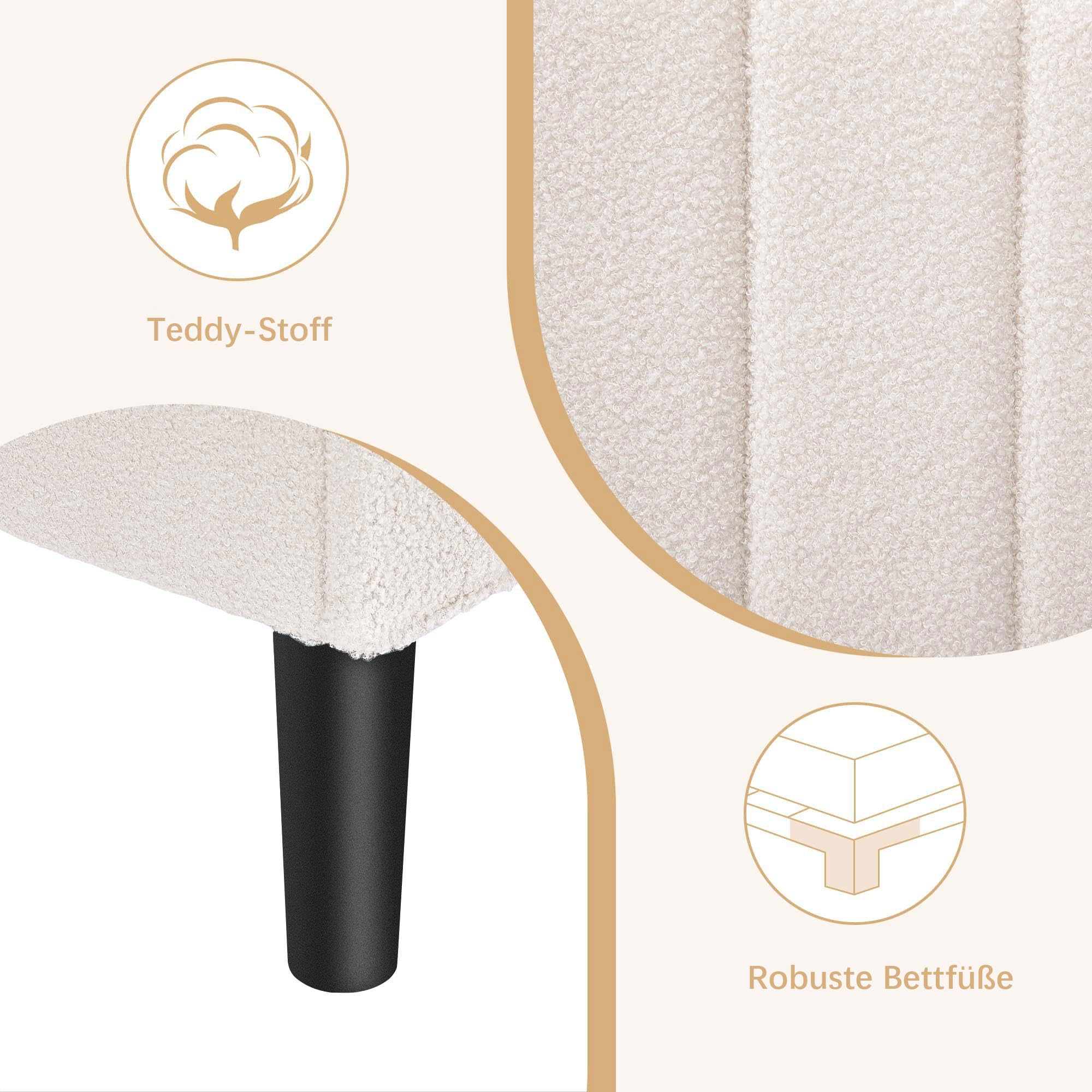 VECELO Polsterbett 140x200 cm Doppelbett, Bettgestell aus Teddy-Stoff mit höhenverstellbarem Kopfteil und Lattenrost aus Massivholz, 20 cm Stauraum unter dem Bett, modern, geräuscharm, beige