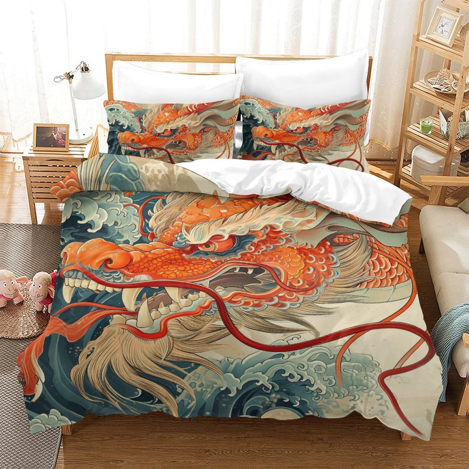 Housse de couette dragon 3D microfibre 200x200 parure de lit 3 pièces avec fermeture éclair