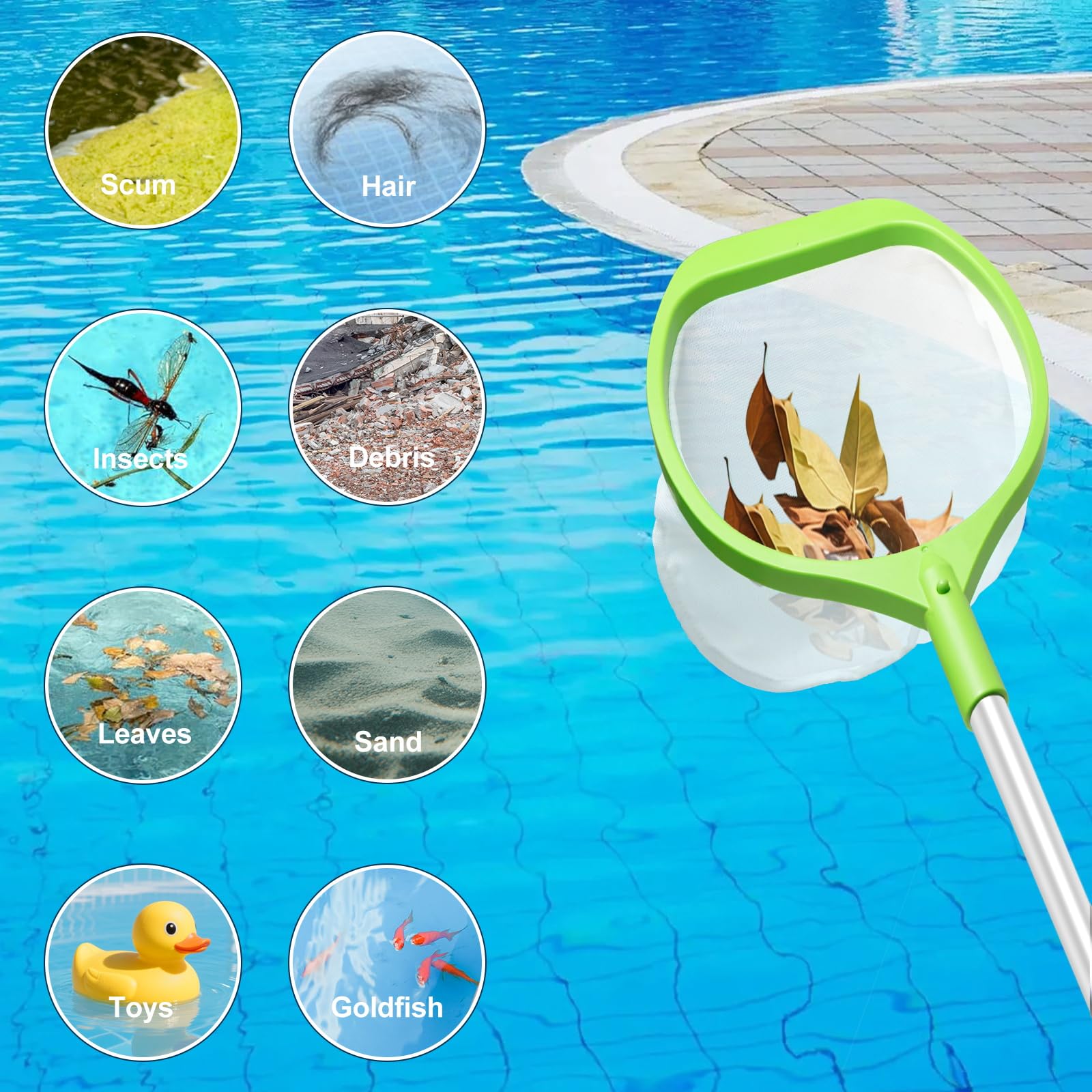 KGC Hot Tub Net 53"(143 cm) Length, Pool Skimmer Net, Small Pond Net with Pole, Fine Mesh Leaf Rake for Spa Fountain Hot Tubs, Aluminum Handle Debris Cleaner, Above Ground Inground Pool Net, Green - 5
