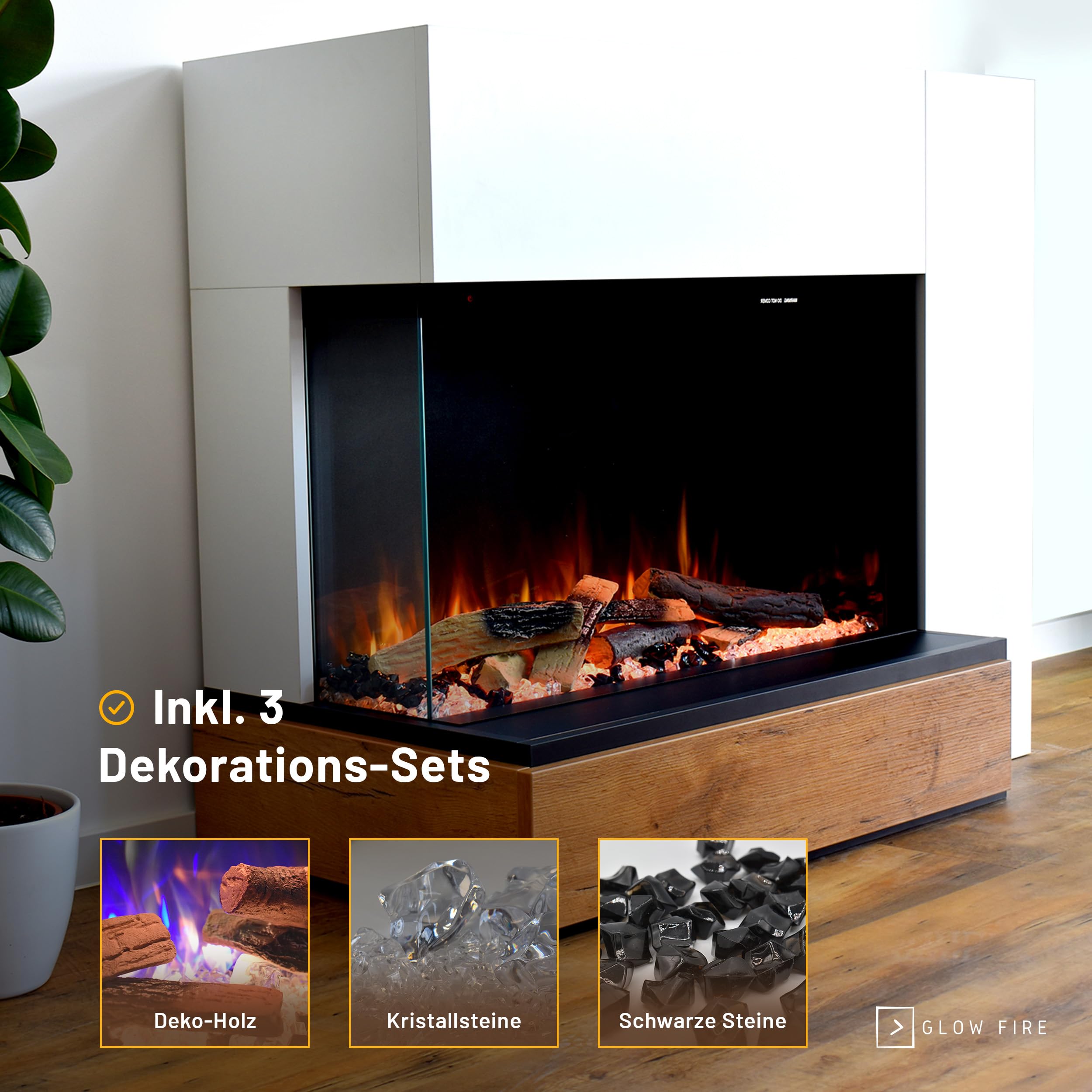 GLOW FIRE Kominek EINSTEIN otwarty z lewej z realistycznym ogniem LED 3D E-Motion - wolnostojący kominek elektryczny z ogrzewaniem, ogniem kominkowym, timerem, maks. 1500 W, 109x89x51, Biały