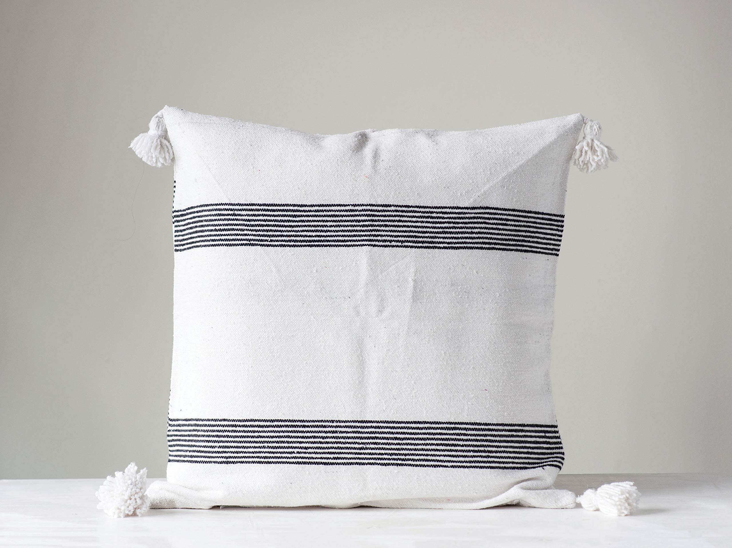 Creative Co-Op White Cotton Euro Sham with Black Stripes & White Tassels (Insert not Included)