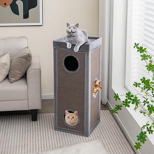 Miniatura 2 de Tangkula Condominio de árbol para gatos de 4 pisos, casa para gatos multicapa de 39 pulgadas con almohadilla de sisal para rascar, 3 escondites,