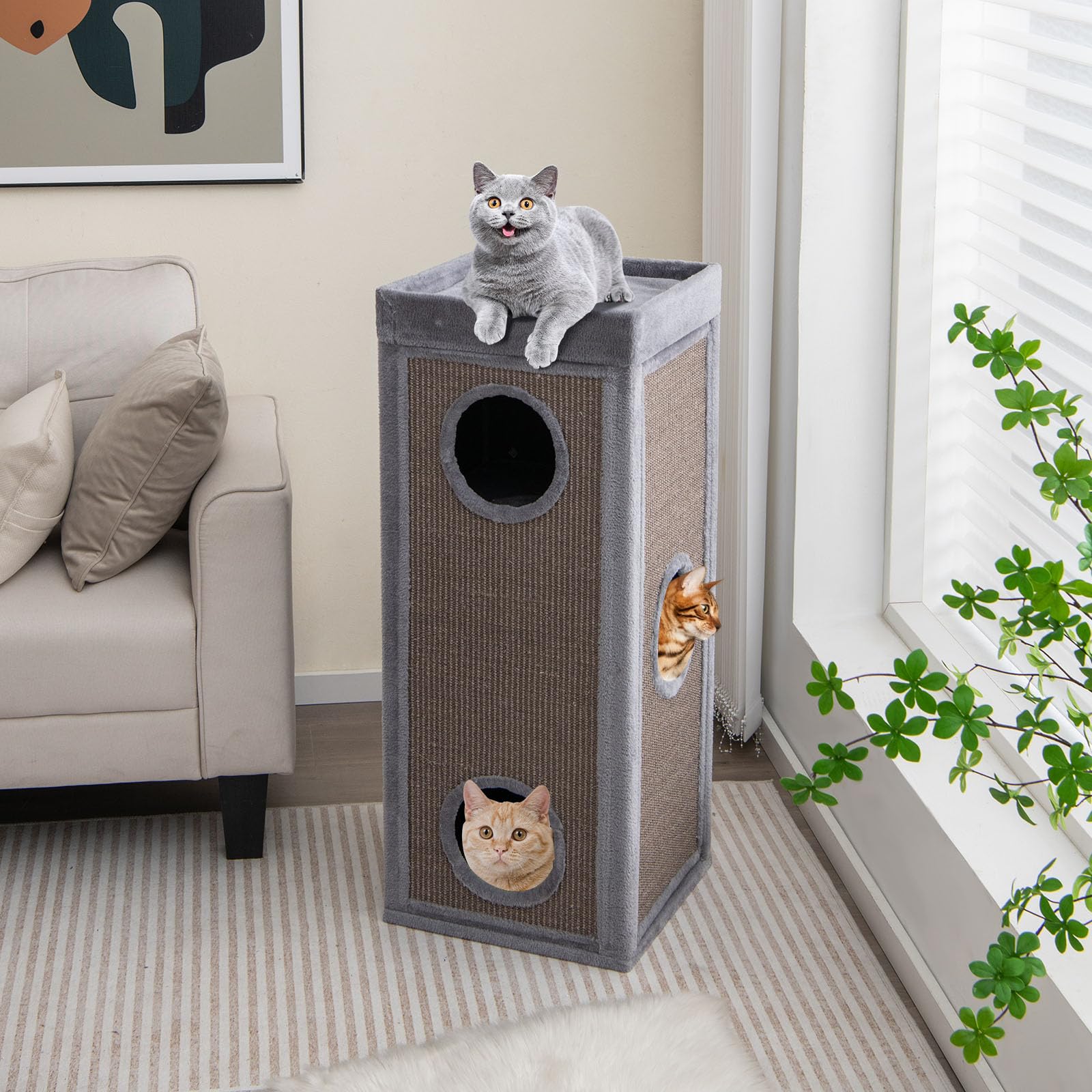 Tangkula 4 Story Cat Tree Condo, 39 Inch Multi-Layer Cat House with Sisal Scratch Pad, 3 Hideaways, Removable Soft Top Plush Bed, Barrel-Shaped Pet House Tower for Indoor Cats, Modern Cat Furniture