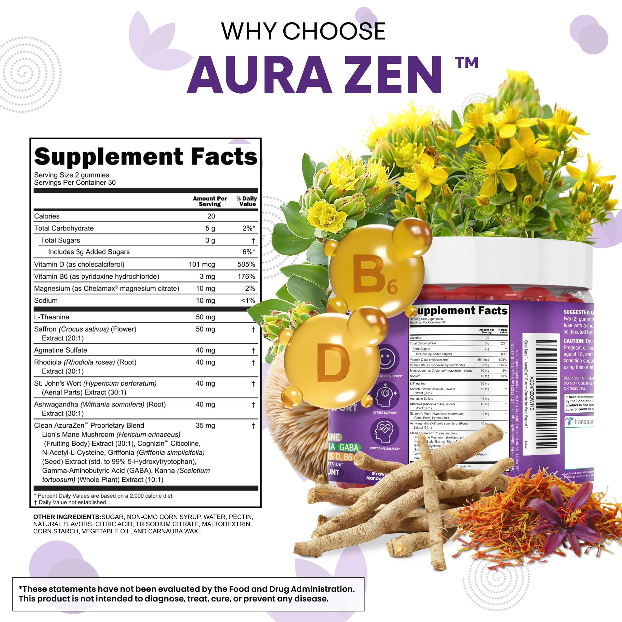AuraZen Mood Support Saffron Gummies L-Theanine Ashwagandha Rhodiola St John's Wort Lions Mane GABA Vitamin D Magnesium Supplement | Calm Vegan Plant-Based Herbal Gummy By Clean Nutra — Amazon image 5
