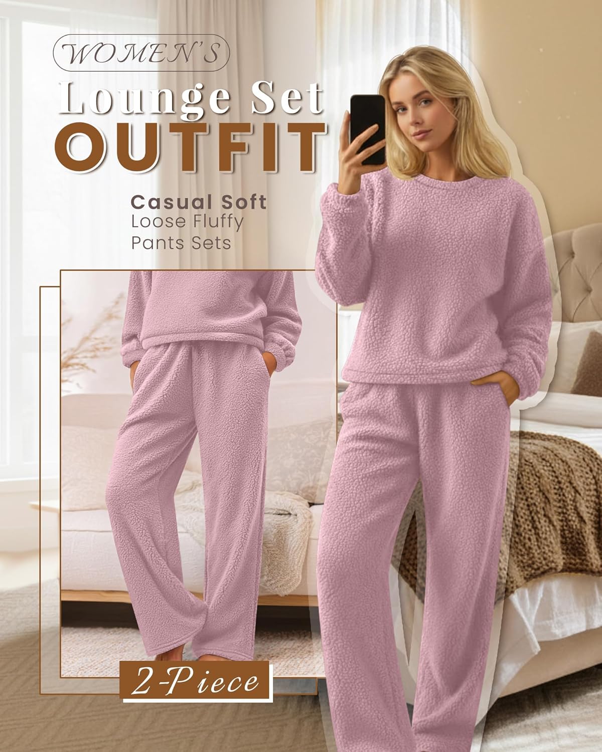 Women's Fuzzy Pajamas Sets Warm Fleece Loungewear Outfit Cozy Long Sleeve Fluffy Pullover Pant Set 2 Piece(Smoky Pink,XX-Large) - Image 6