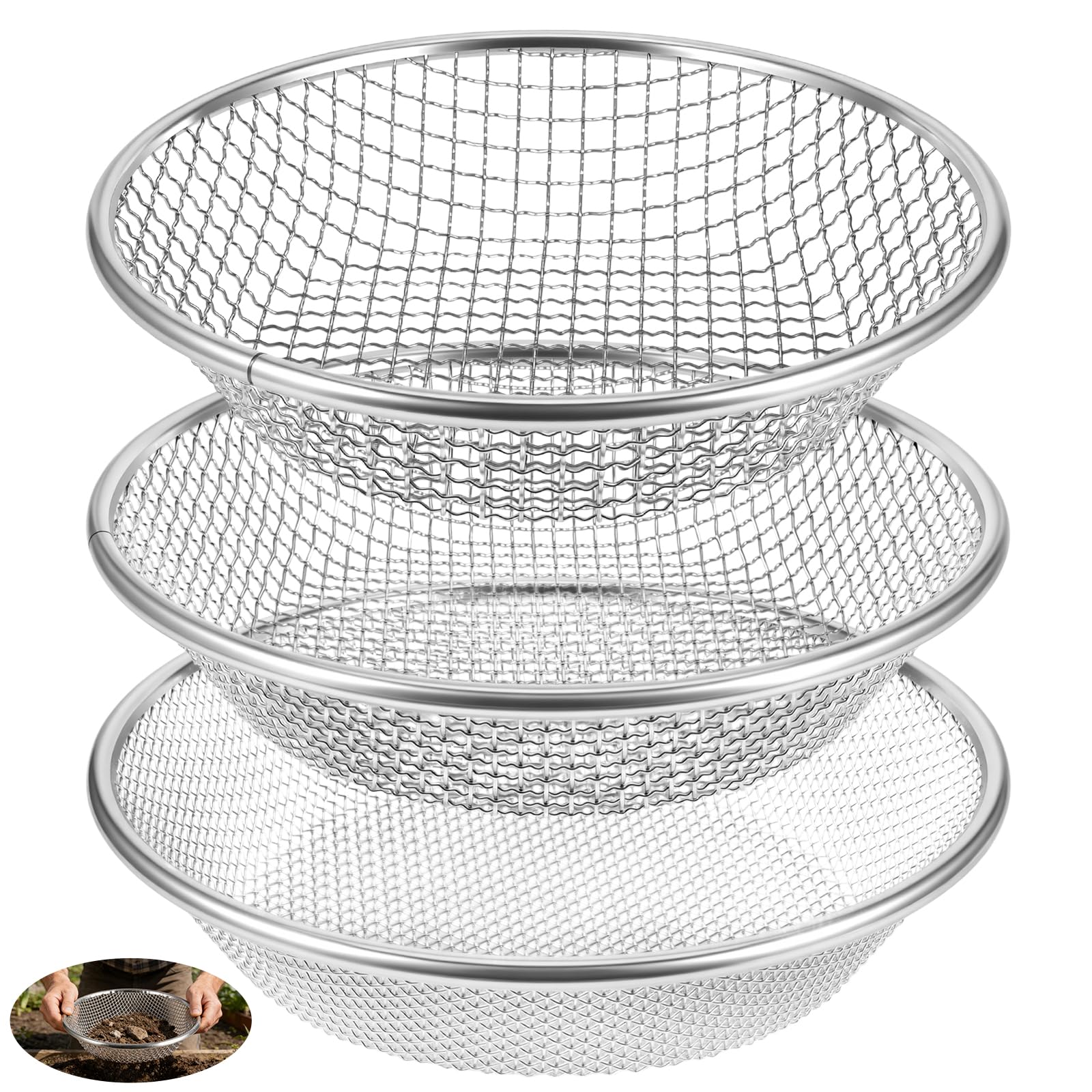 3Pcs Garden Soil Sieve, 3mm/6mm/10mm Stainless Steel Mesh for Soil Stones