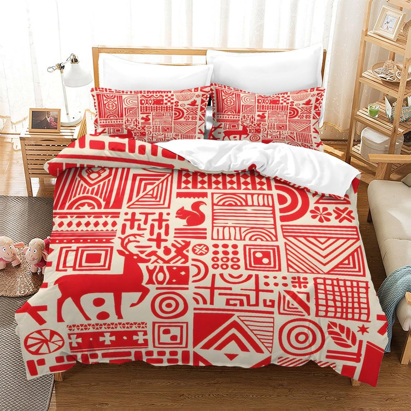 GDEKCIEAS Deer Northern National Bedding Set Kids Comforter Cover Set for Boys Girls Teens Home Decor Duvet Cover Bedspread Cover 3Pcs Single（140x200cm）