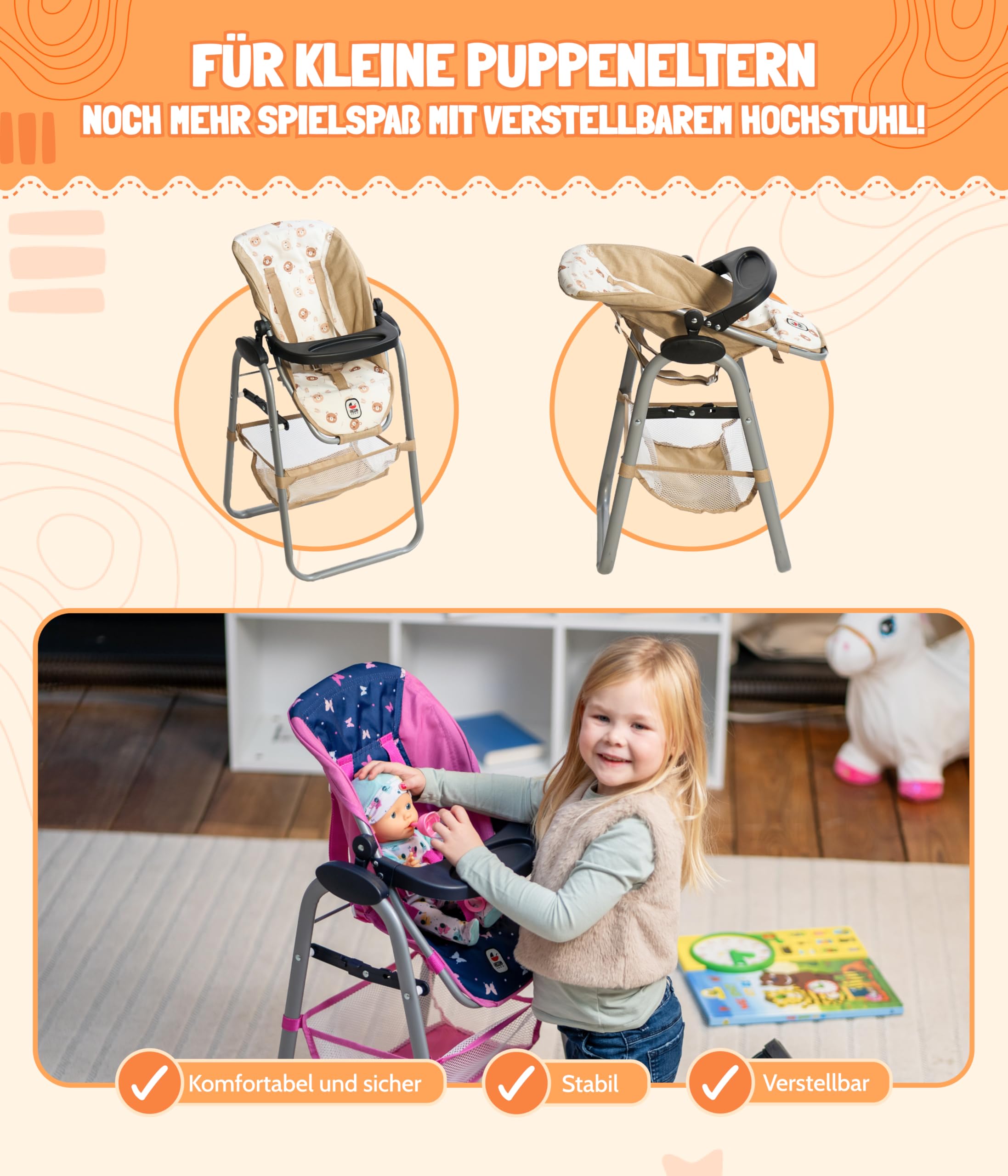 Bayer Chic 2000 Chaise Haute pour poupées pour Enfants de 3 à 8 Ans, Chaise Haute pour poupée, Meubles de poupée, Accessoires pour poupées, oursons Beige