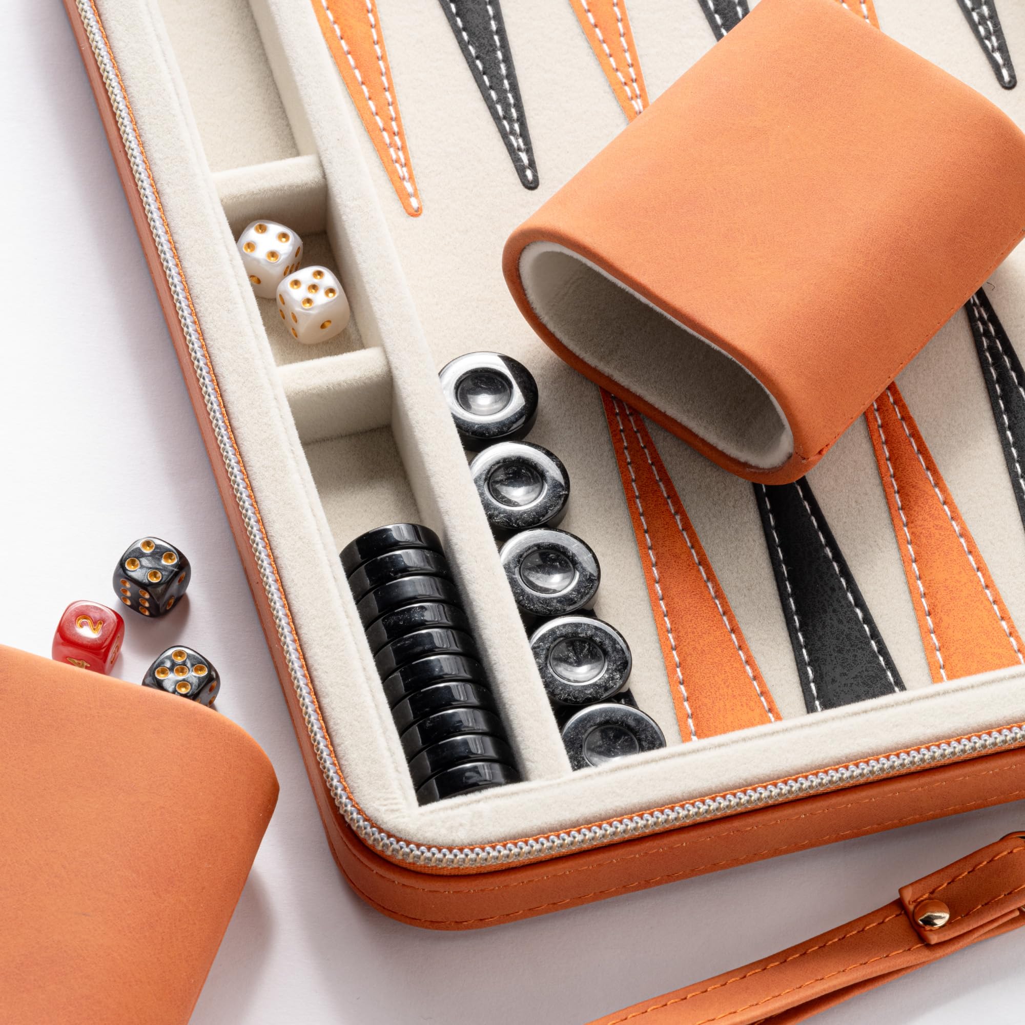 Set di backgammon per adulti, classico gioco da tavolo con custodia pieghevole in pelle Backgammon, set da viaggio portatile (arancione)