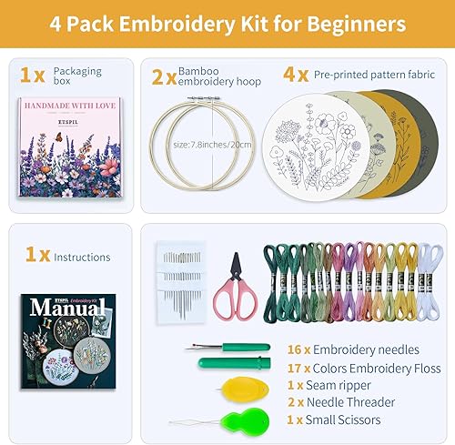 Miniatura 8 de ETSPIL Juego de 4 juegos de bordado para principiantes, kits de plantas para adultos aprenden 33 puntadas diferentes, incluye patrón estampado,