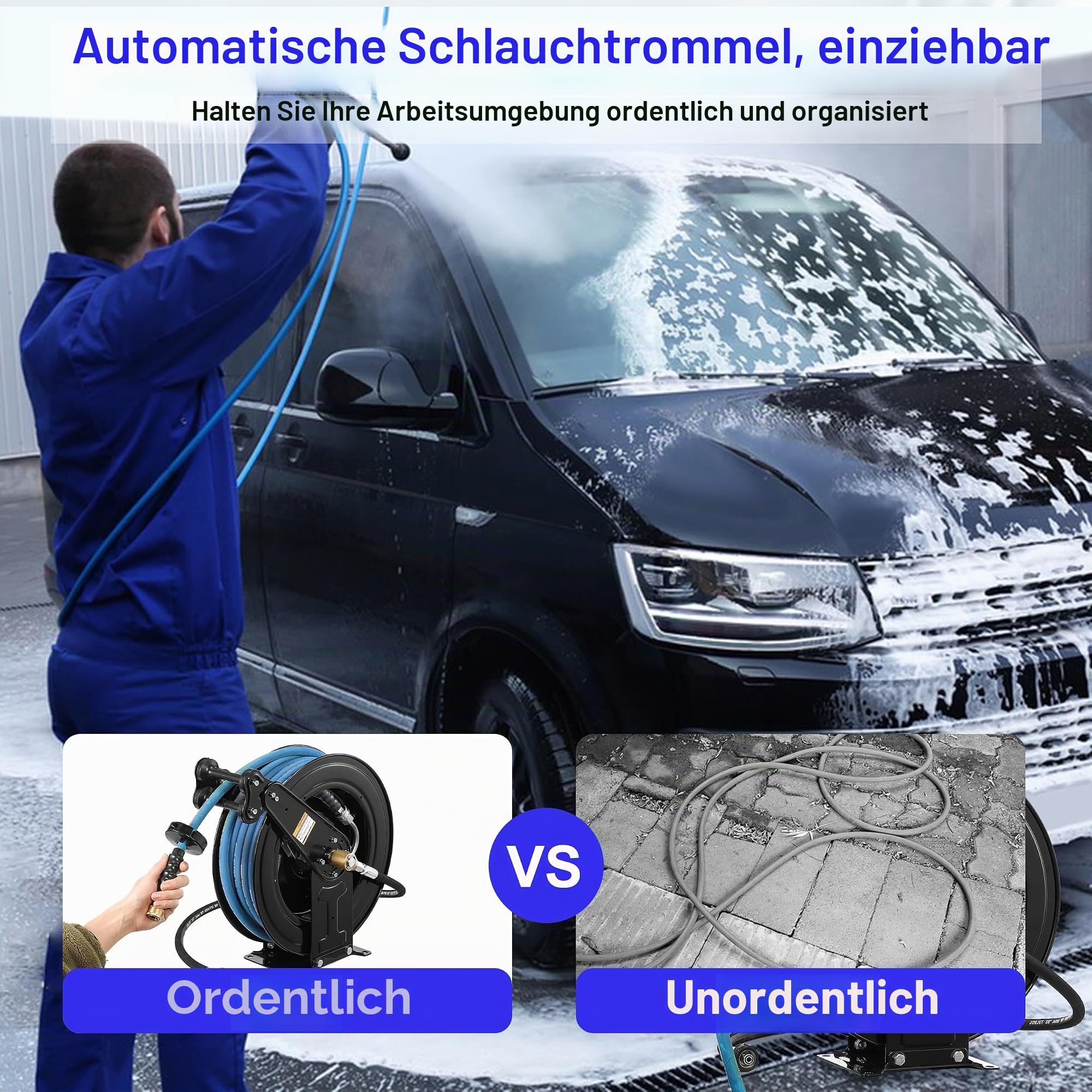 JOEJET Automatisch einziehbare Hochdruckreiniger-Schlauchtrommel, 15 m x 0,95 cm, robuste Stahl-Hochdruckreiniger-Schlauchtrommel, Doppelarm, 4000 PSI
