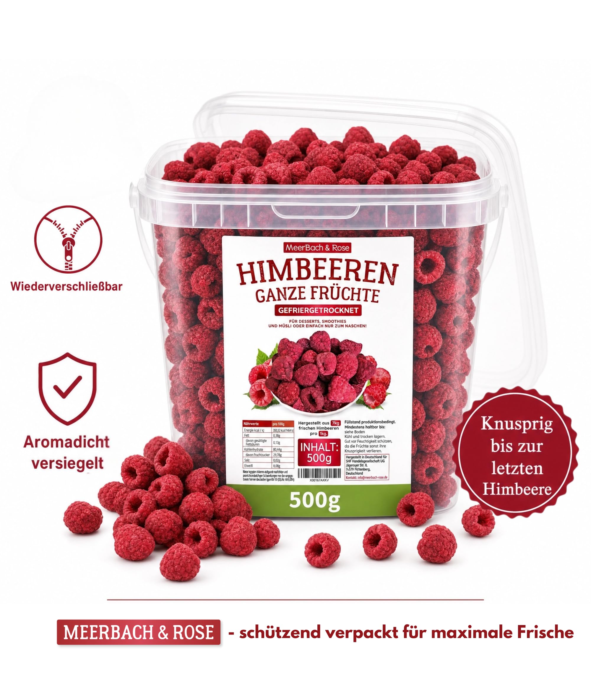 Gefriergetrocknete Himbeeren 500g – Ganze Früchte, 100% Frucht, vegan, Premium Qualität aus Deutschland
