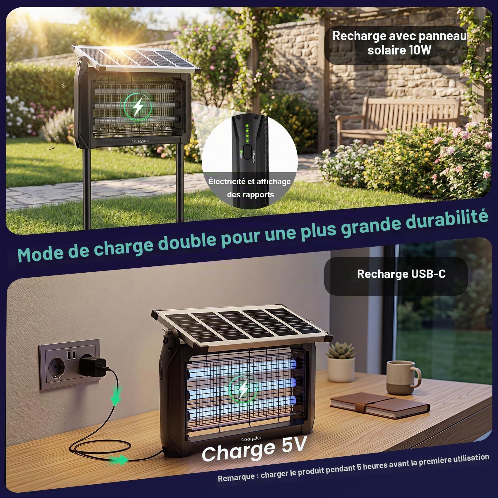 Désinsectiseur Électrique Solaire 10W Extérieur - Lampe Anti-Moustiques | Piège à Mouches 4000V avec Lampe UV, Étanche IPX5, Tue-Moustiques pour Cuisine, Maison, Patio, Jardin, Camping