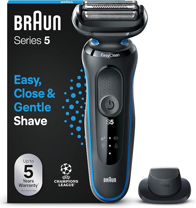 Braun Series 5 Afeitadora Eléctrica Hombre, Máquina de Afeitar Barba con Recortadora De Precisión EasyClick, EasyClean, en Seco y Mojado, Recargable, Inalámbrica, 51-B1200s, Azul