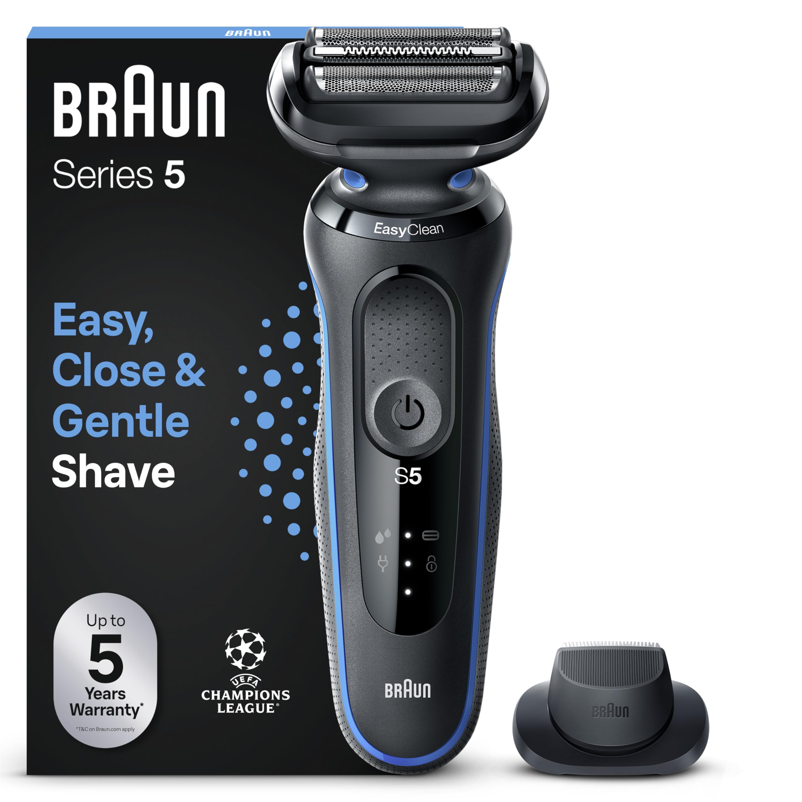 Braun Series 5 Afeitadora Eléctrica Hombre, Máquina de Afeitar Barba con Recortadora De Precisión EasyClick, EasyClean, en Seco y Mojado, Recargable, Inalámbrica, 51-B1200s, Azul GreenCircle Certified: Certified Energy Savings
